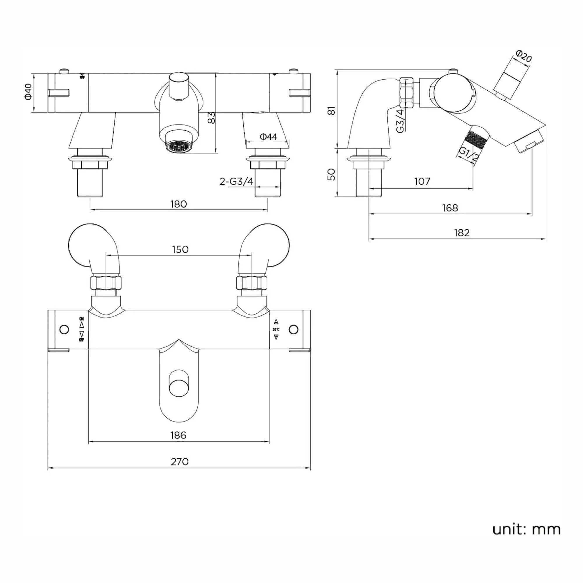 Dune thermostatic bar bath shower mixer valve with dual rigid riser kit, 200mm square overhead rain shower and handheld - chrome - Image 6