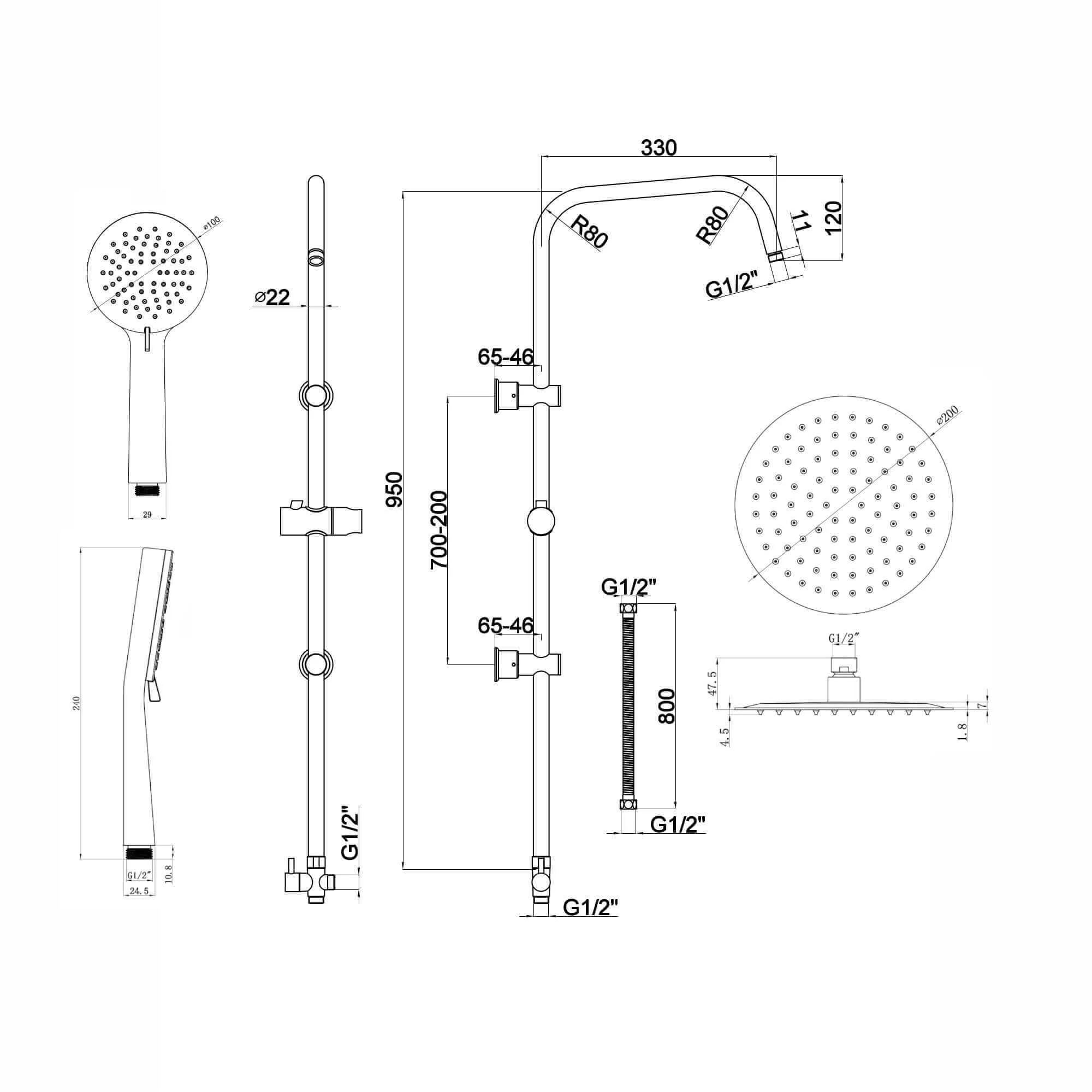 Dune thermostatic bar bath shower mixer valve with dual rigid riser kit, 200mm overhead rain shower and handheld - matt black - Image 6