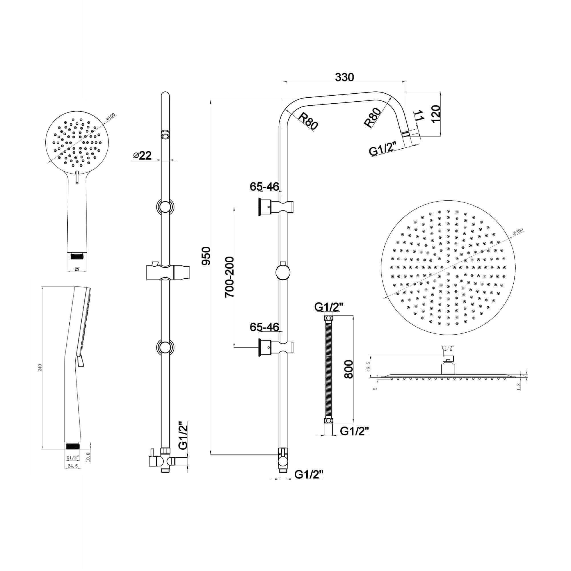 Dune thermostatic bar bath shower mixer valve with dual rigid riser kit, 300mm overhead rain shower and handheld - matt black - Image 6