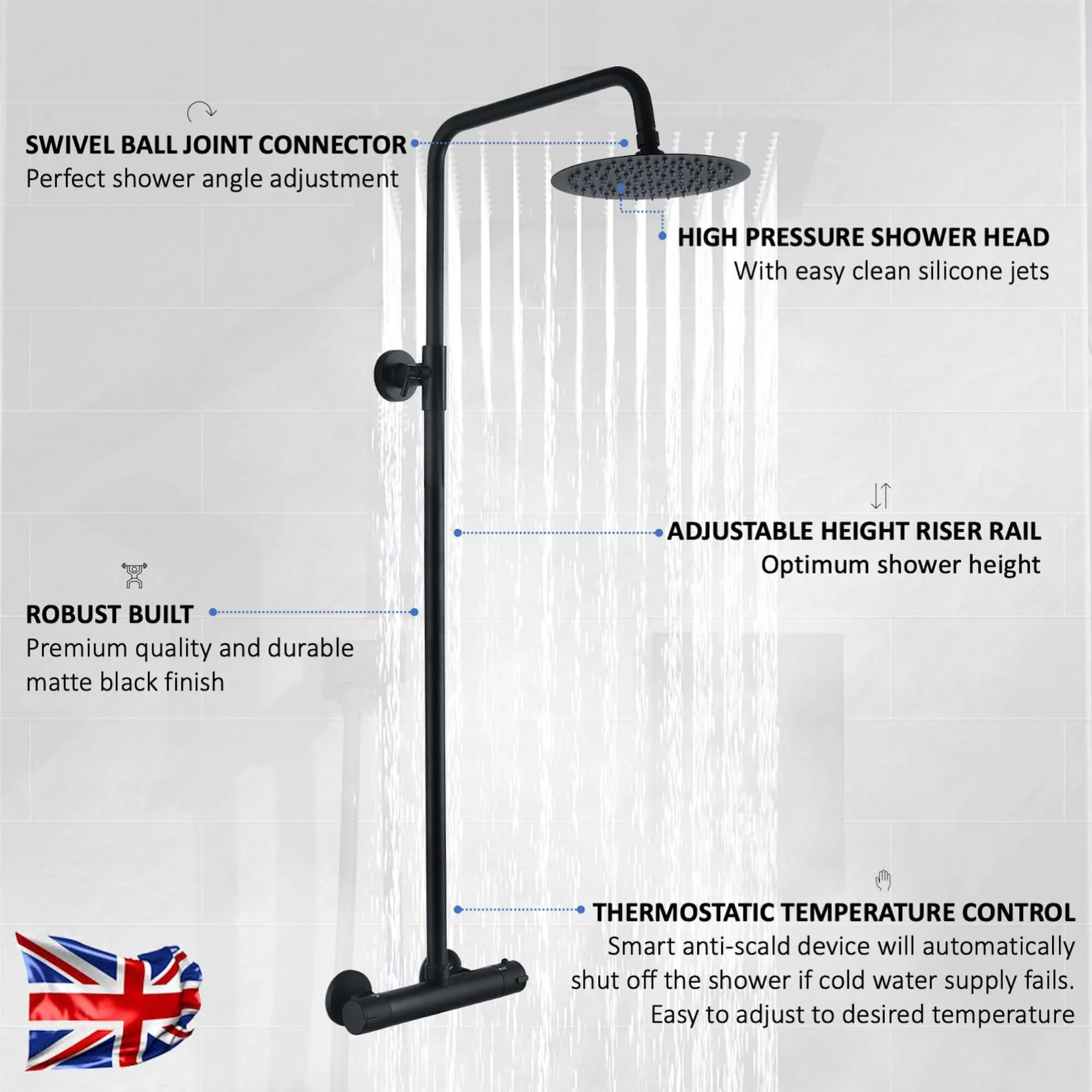Dune thermostatic bar shower set single outlet with ultra slim 200mm overhead shower - matt black - Image 6