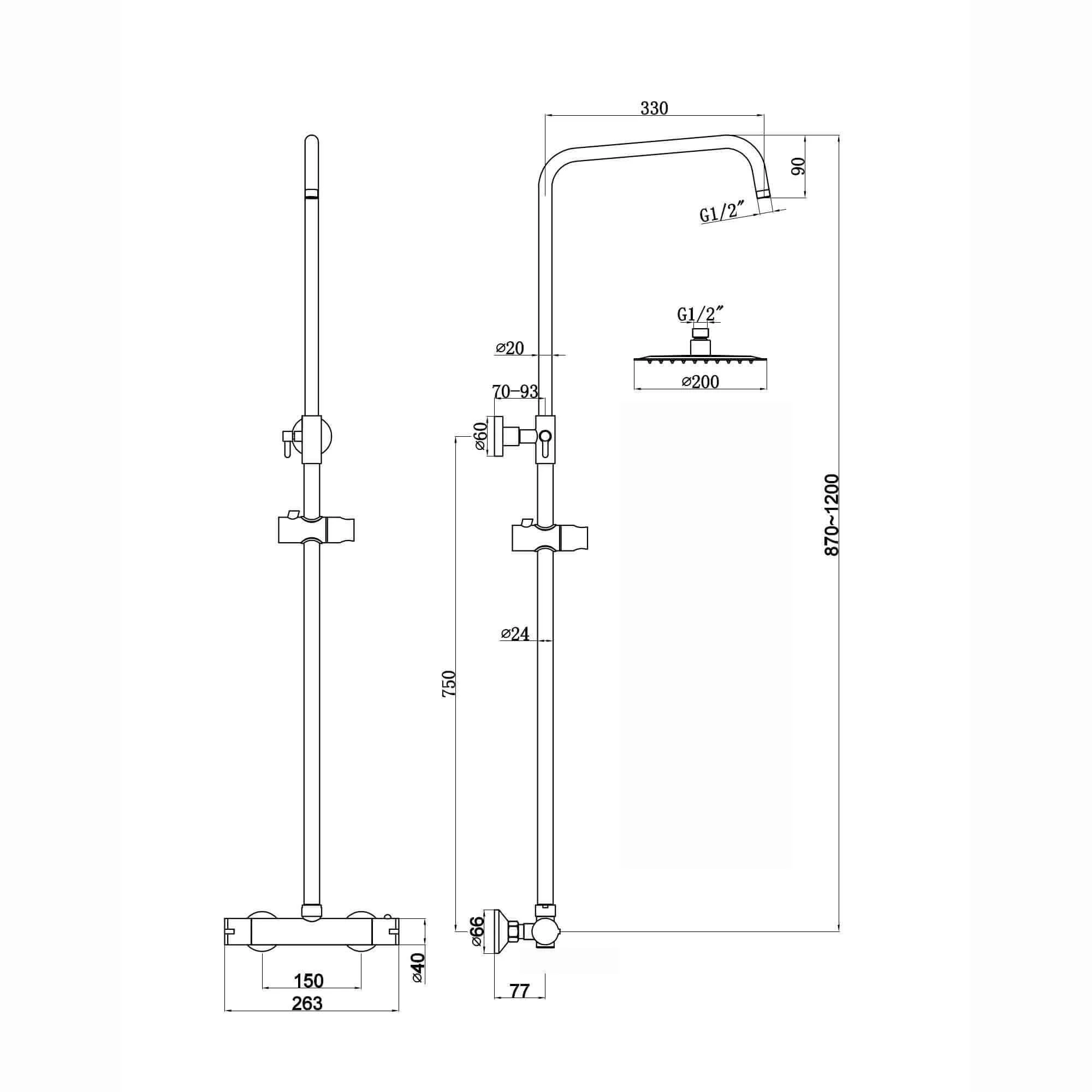 Dune thermostatic bar shower set single outlet with ultra slim 200mm overhead shower - matt black - Image 7