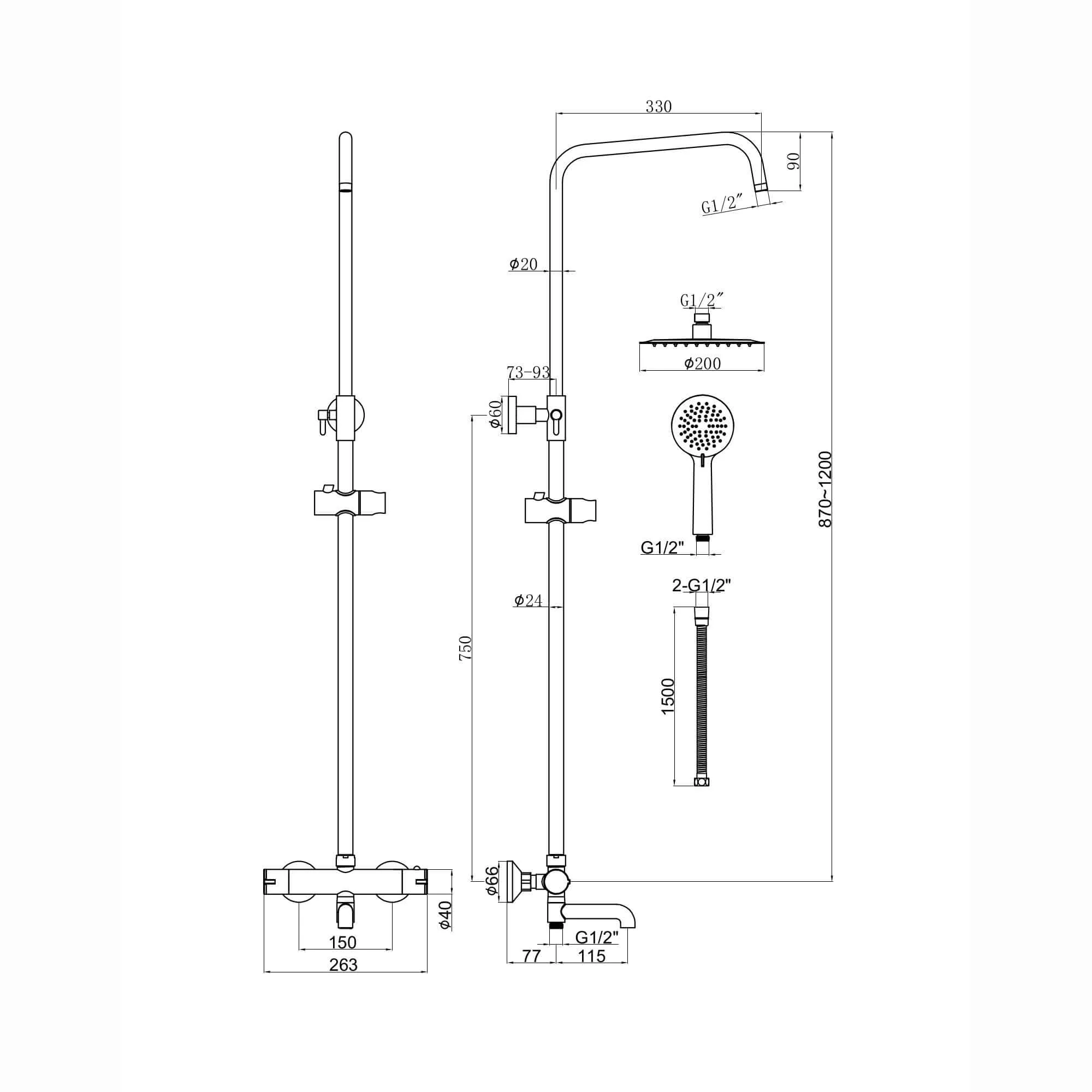 Dune thermostatic shower set 3 outlet, incl. bar shower valve, 200mm overhead shower, handset & bath filler - matt black - Image 2