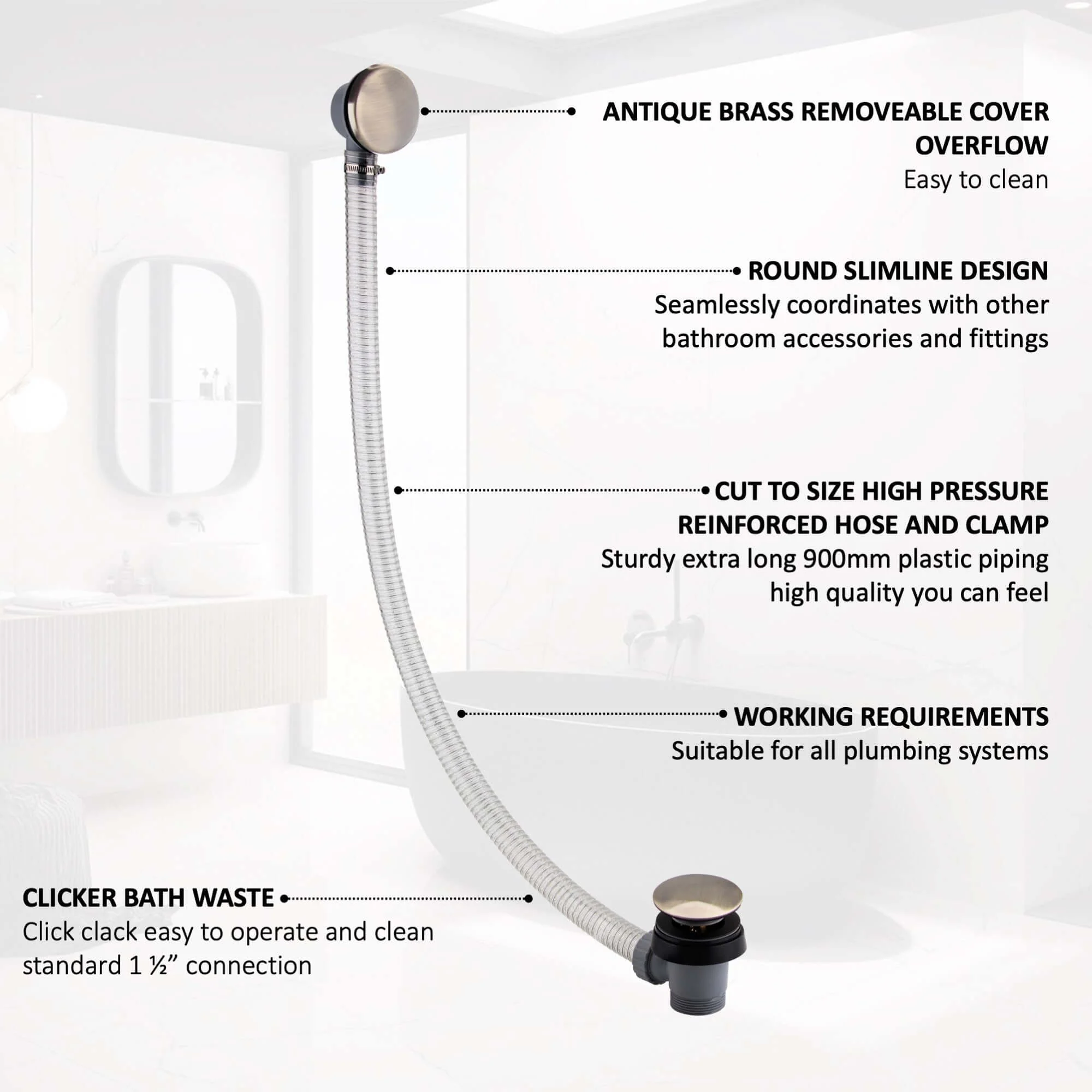 Easy clean cut to size pipe bath sprung waste & overflow (bath thickness 5-15mm) - antique brass - Image 7