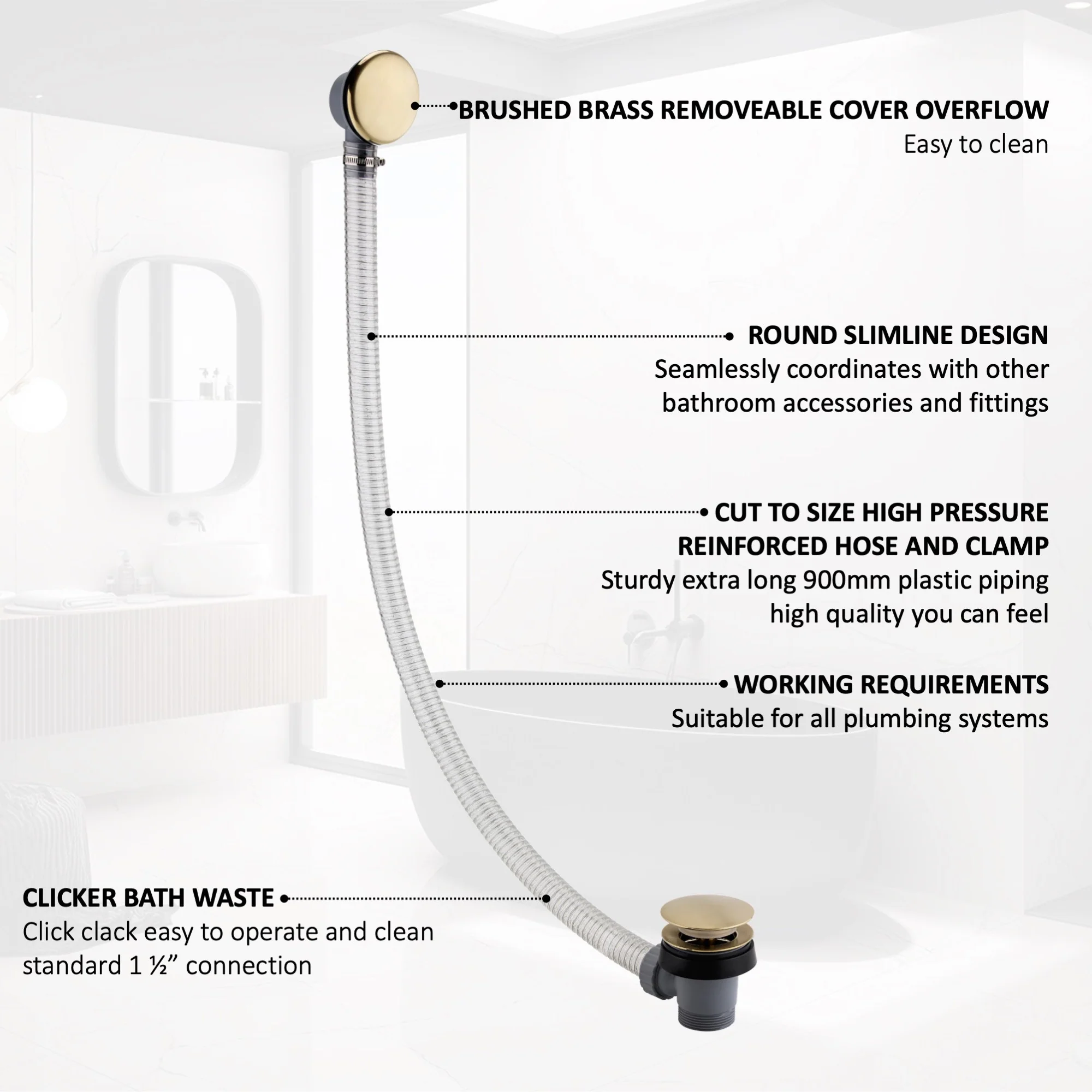 Easy clean cut to size pipe bath sprung waste & overflow (bath thickness 5-15mm) - brushed brass - Image 6