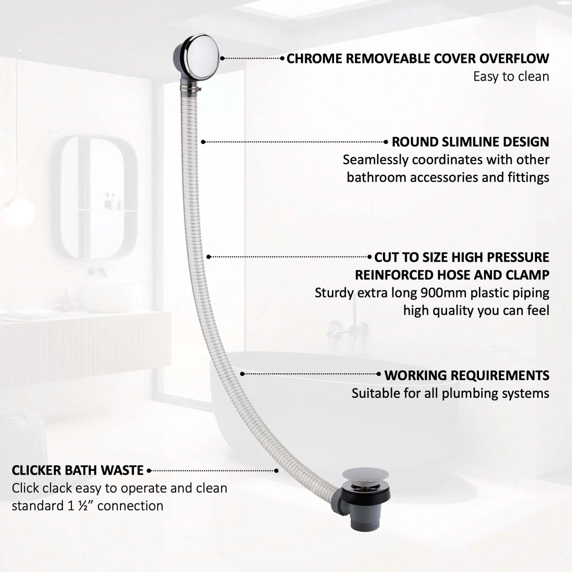 Easy clean cut to size pipe bath sprung waste & overflow (bath thickness 5-15mm) - chrome - Image 6