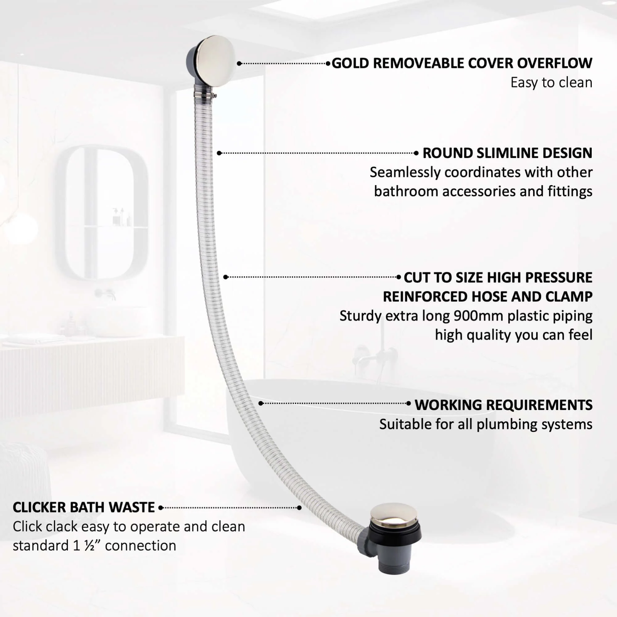 Easy clean cut to size pipe bath sprung waste & overflow (bath thickness 5-15mm) - gold - Image 6