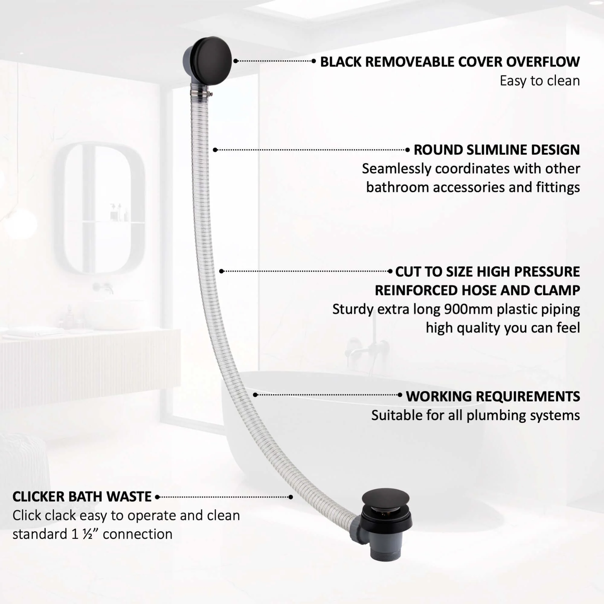 Easy clean cut to size pipe bath sprung waste & overflow (bath thickness 5-15mm) - matt black - Image 6