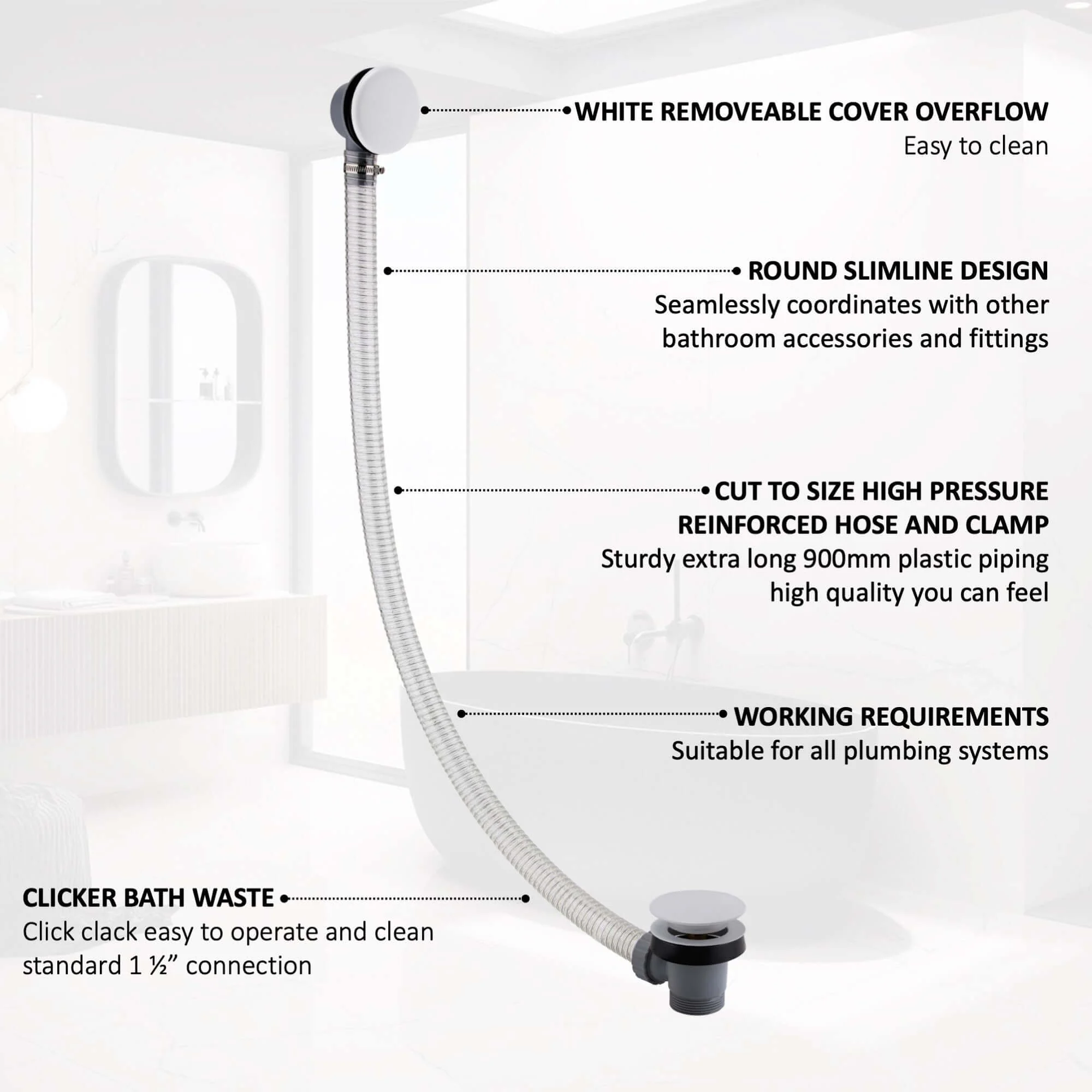 Easy clean cut to size pipe bath sprung waste & overflow (bath thickness 5-15mm) - matt white - Image 6