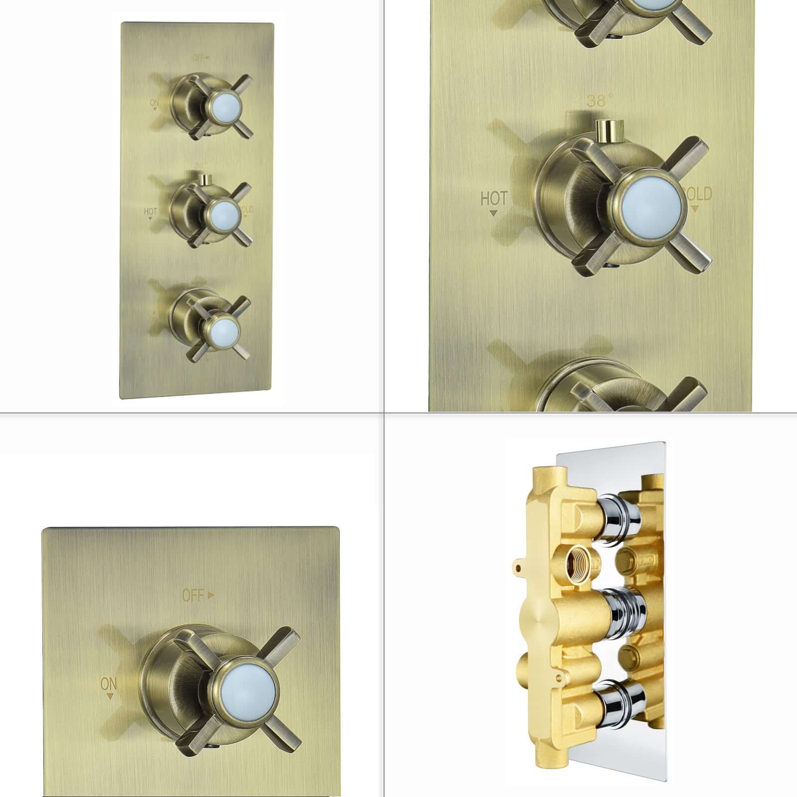 Edwardian traditional crosshead and white detail concealed thermostatic triple shower valve with 2 outlets - antique brass - Image 4