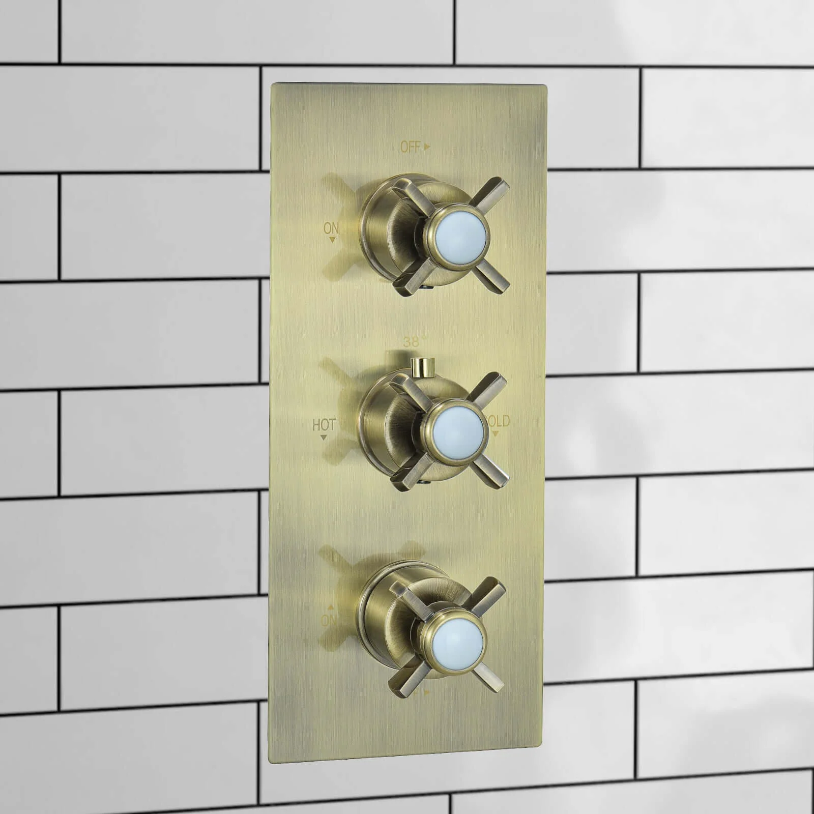 Edwardian traditional crosshead and white detail concealed thermostatic triple shower valve with 2 outlets - antique brass - Image 5