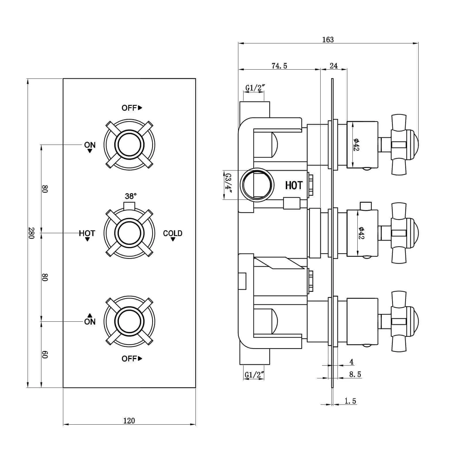 Edwardian traditional crosshead and white detail concealed thermostatic triple shower valve with 2 outlets - chrome - Image 6