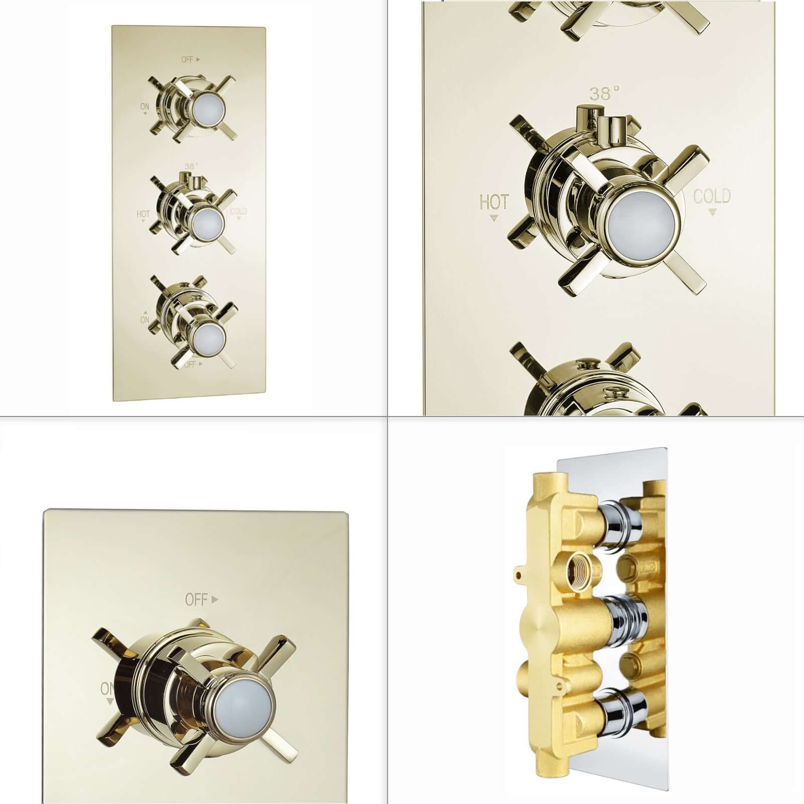 Edwardian traditional crosshead and white detail concealed thermostatic triple shower valve with 2 outlets - gold - Image 4