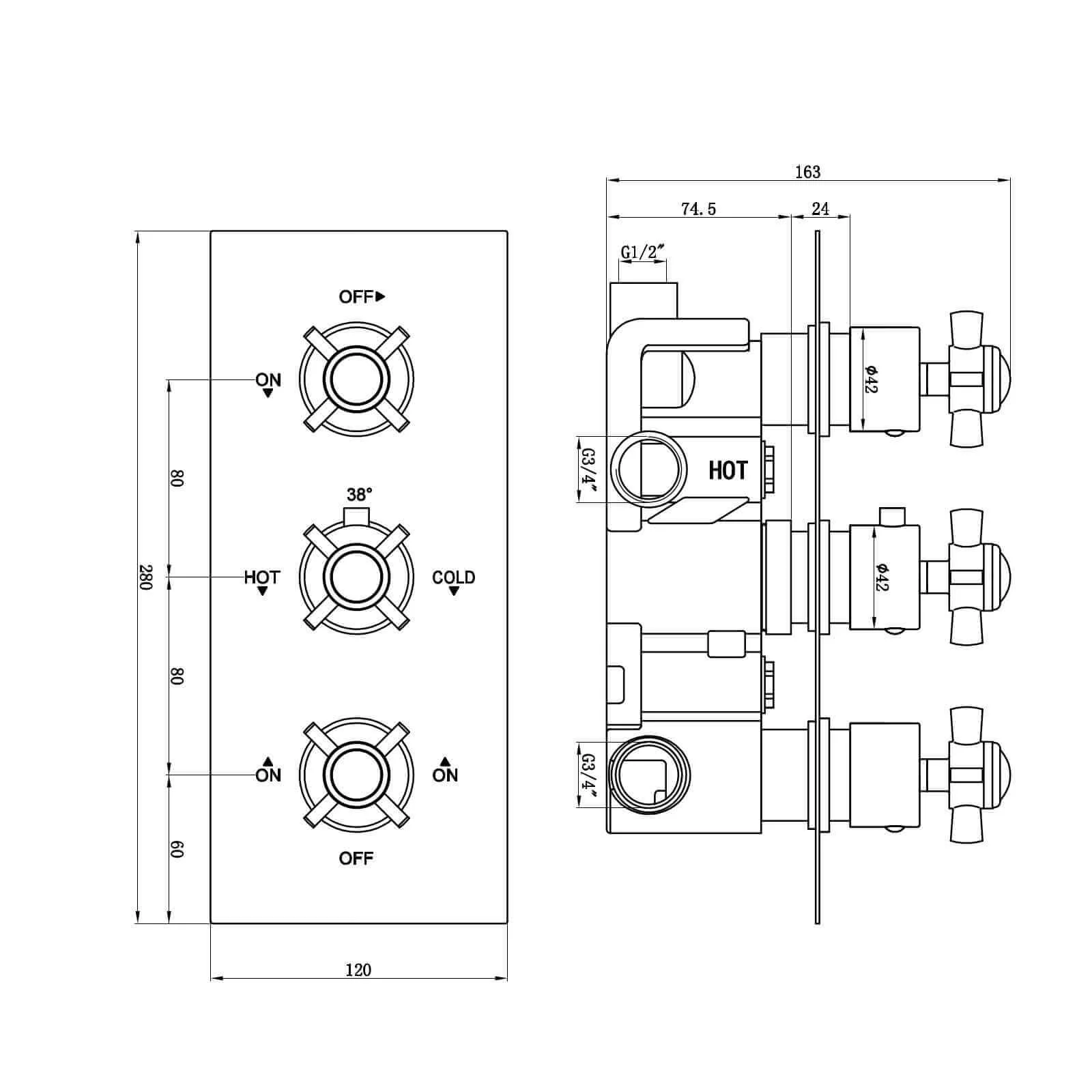 Edwardian traditional crosshead and white detail concealed thermostatic triple shower valve with 3 outlets - chrome - Image 6
