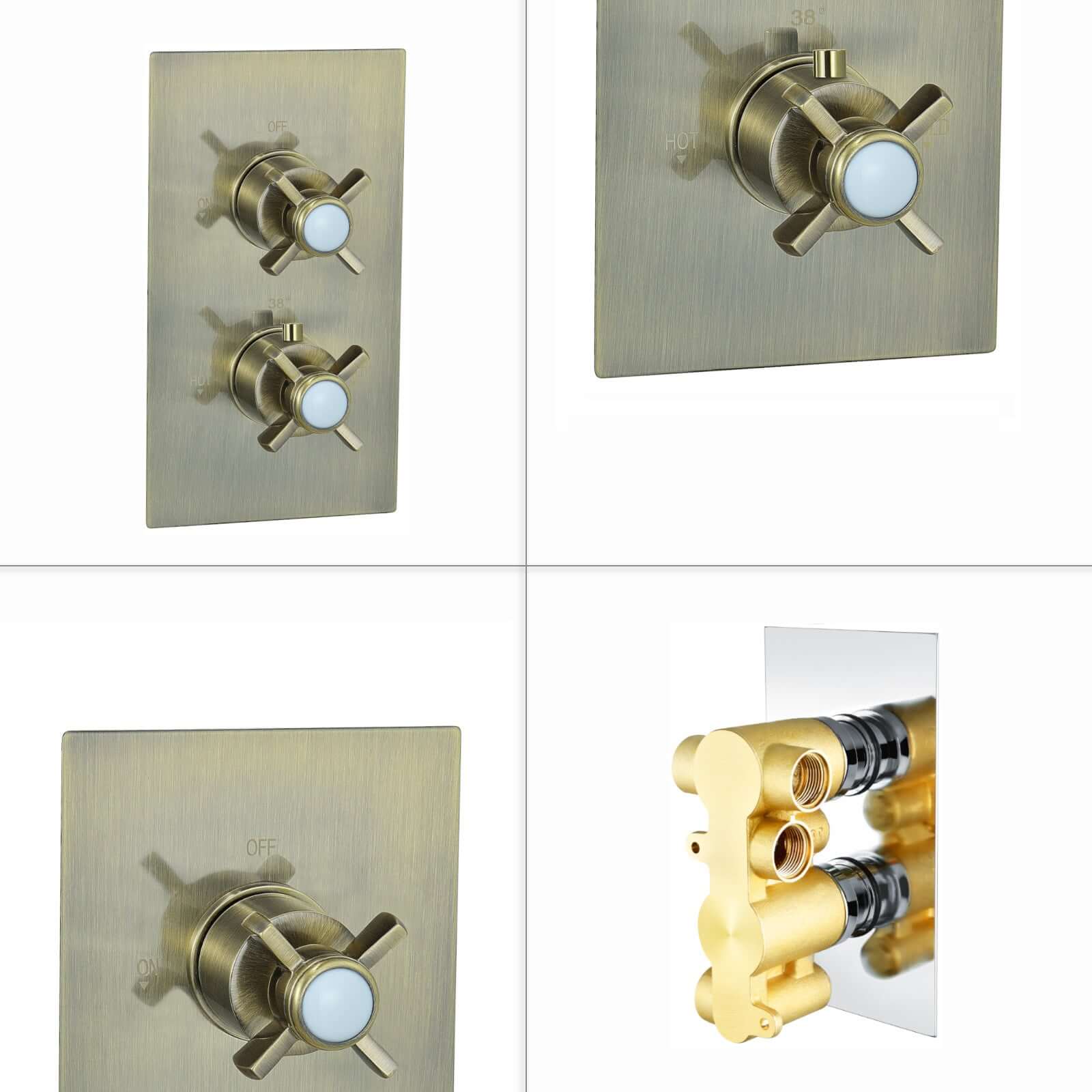 Edwardian traditional crosshead and white detail concealed thermostatic twin shower valve with 2 outlets - antique brass - Image 4