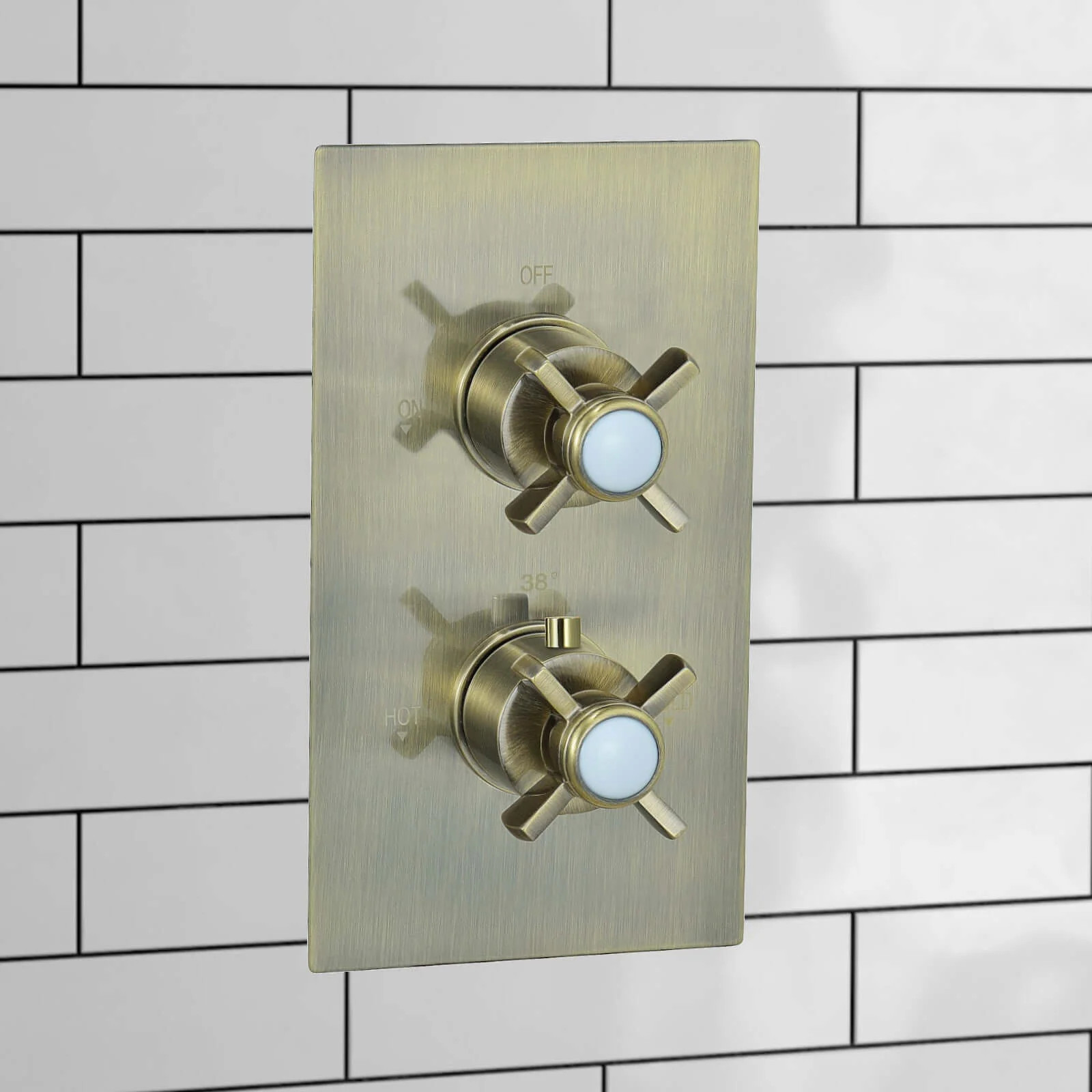 Edwardian traditional crosshead and white detail concealed thermostatic twin shower valve with 2 outlets - antique brass - Image 5