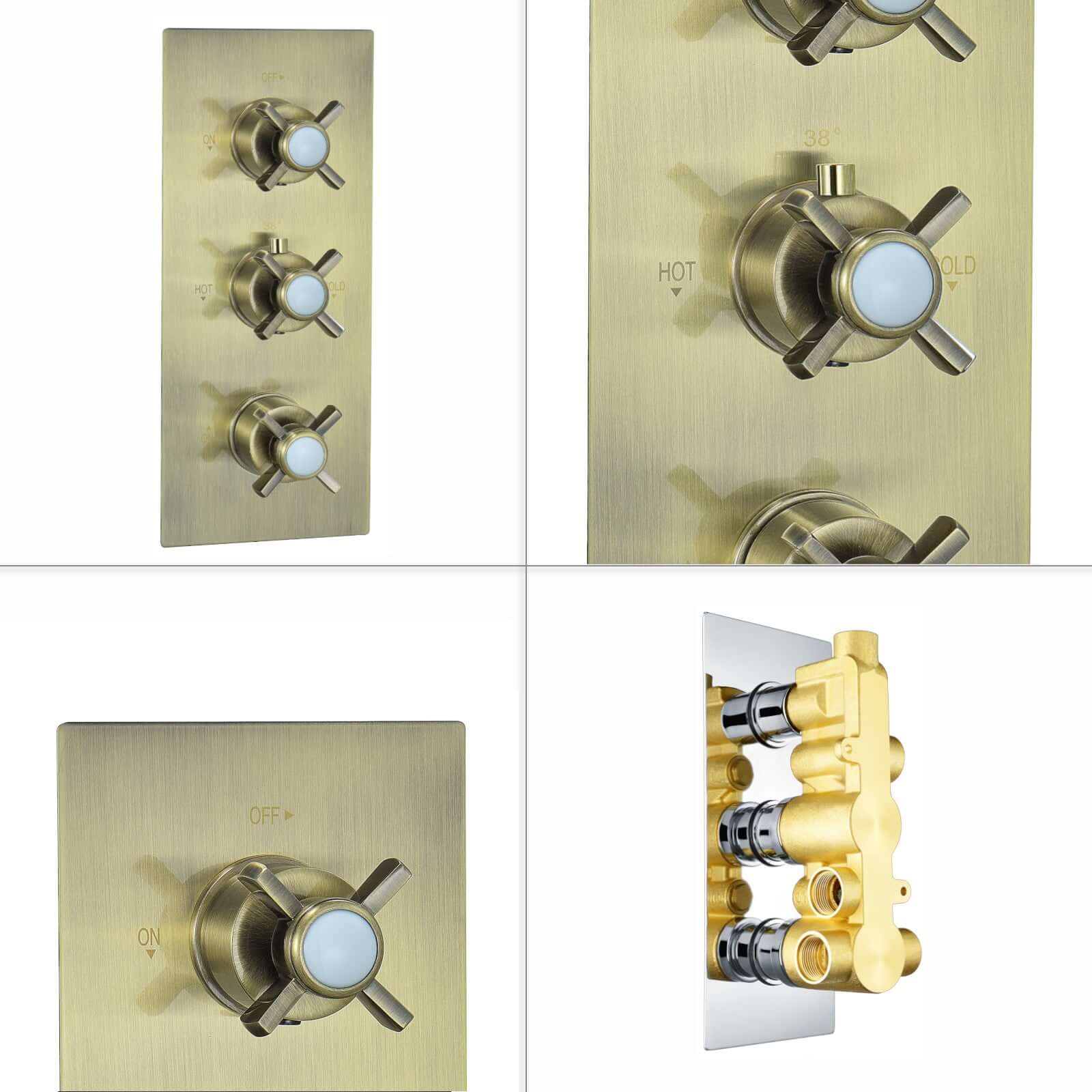 Edwardian traditional crosshead and white details concealed thermostatic triple shower valve with 3 outlets - antique brass - Image 4