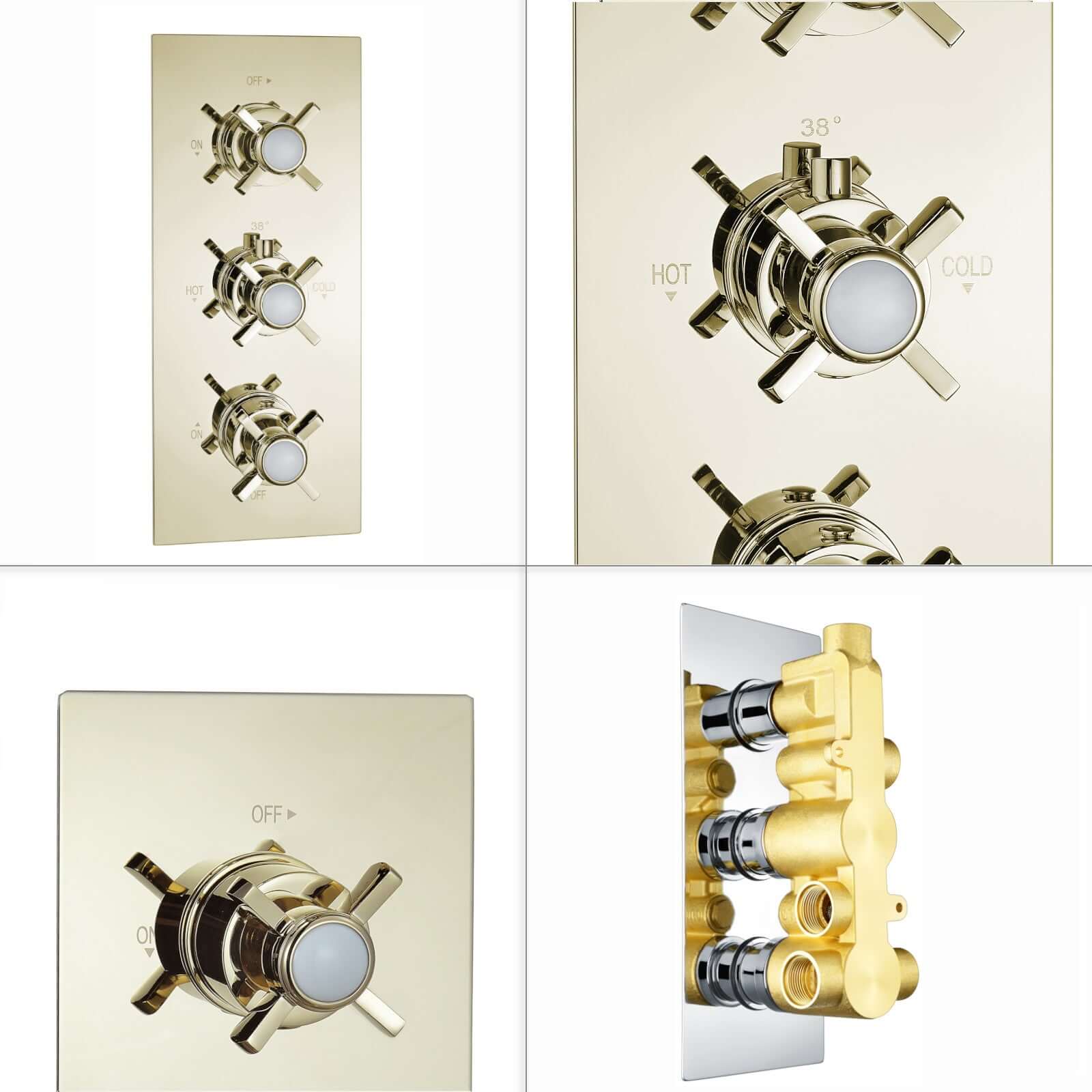 Edwardian traditional crosshead and white details concealed thermostatic triple shower valve with 3 outlets - gold - Image 4