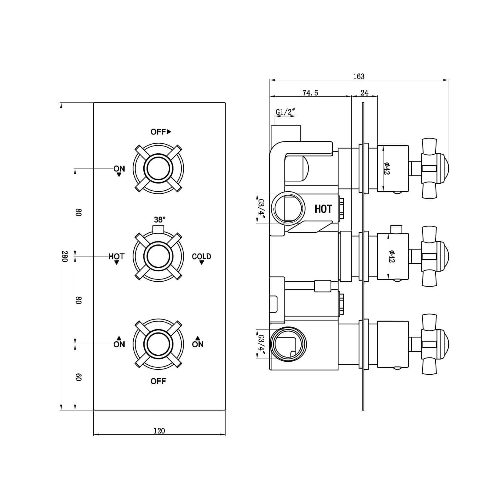 Edwardian traditional crosshead and white details concealed thermostatic triple shower valve with 3 outlets - gold - Image 6