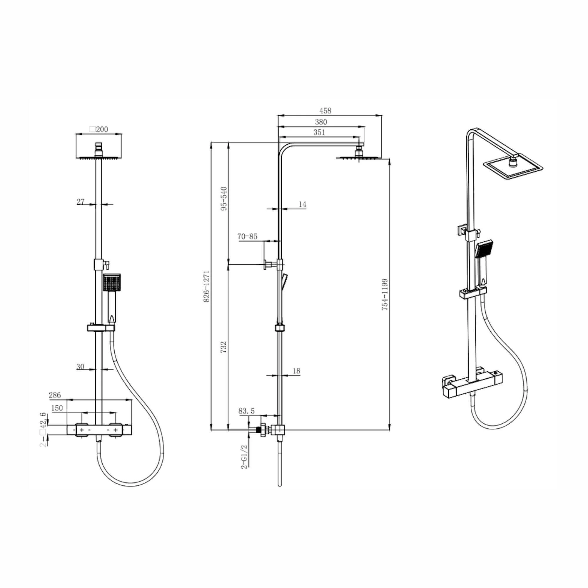 Enzo square thermostatic shower set two outlet with ultra slim 200mm shower head and handheld - brushed brass - Image 4