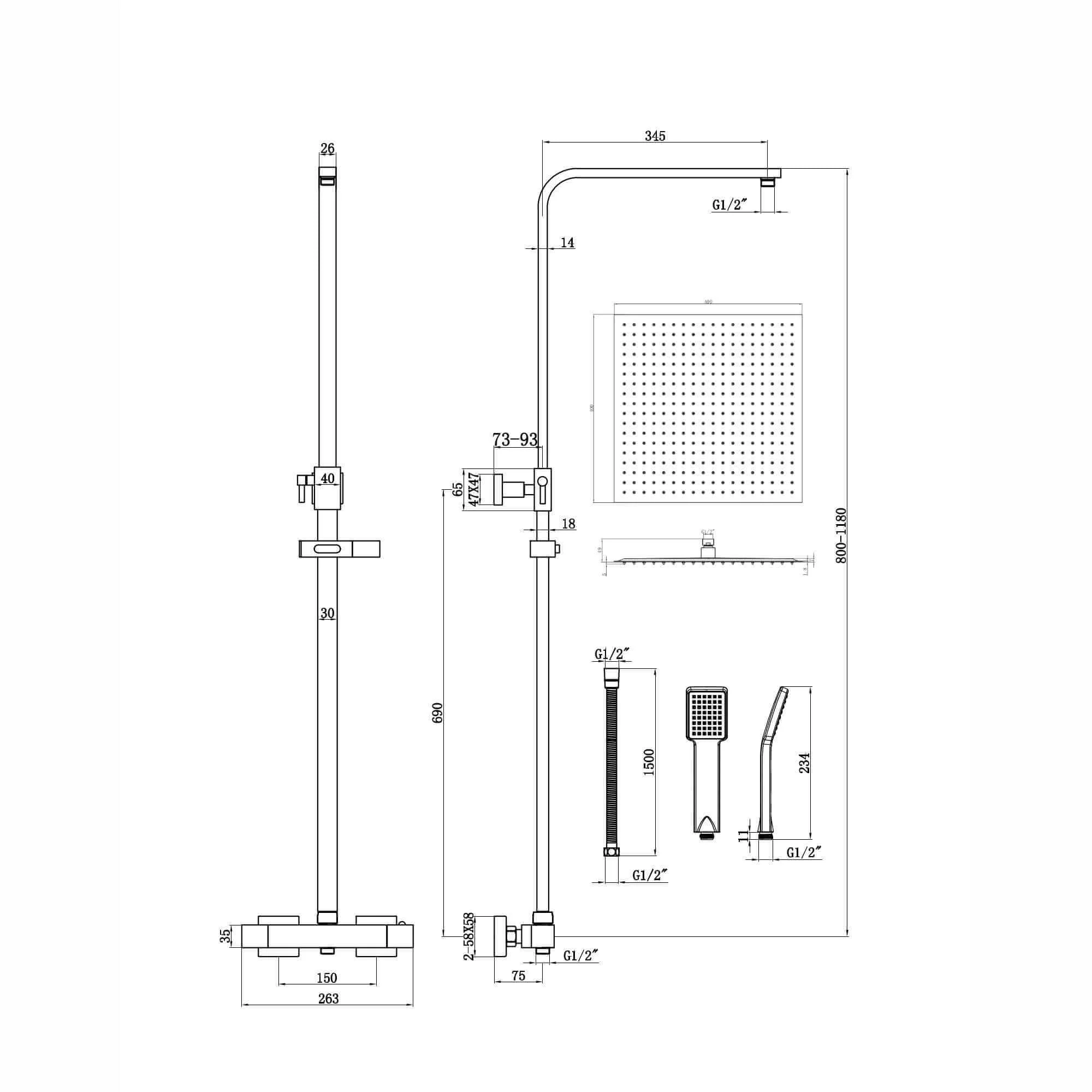 Enzo square thermostatic shower set two outlet with ultra slim 400mm shower head and handheld - matt black - Image 6