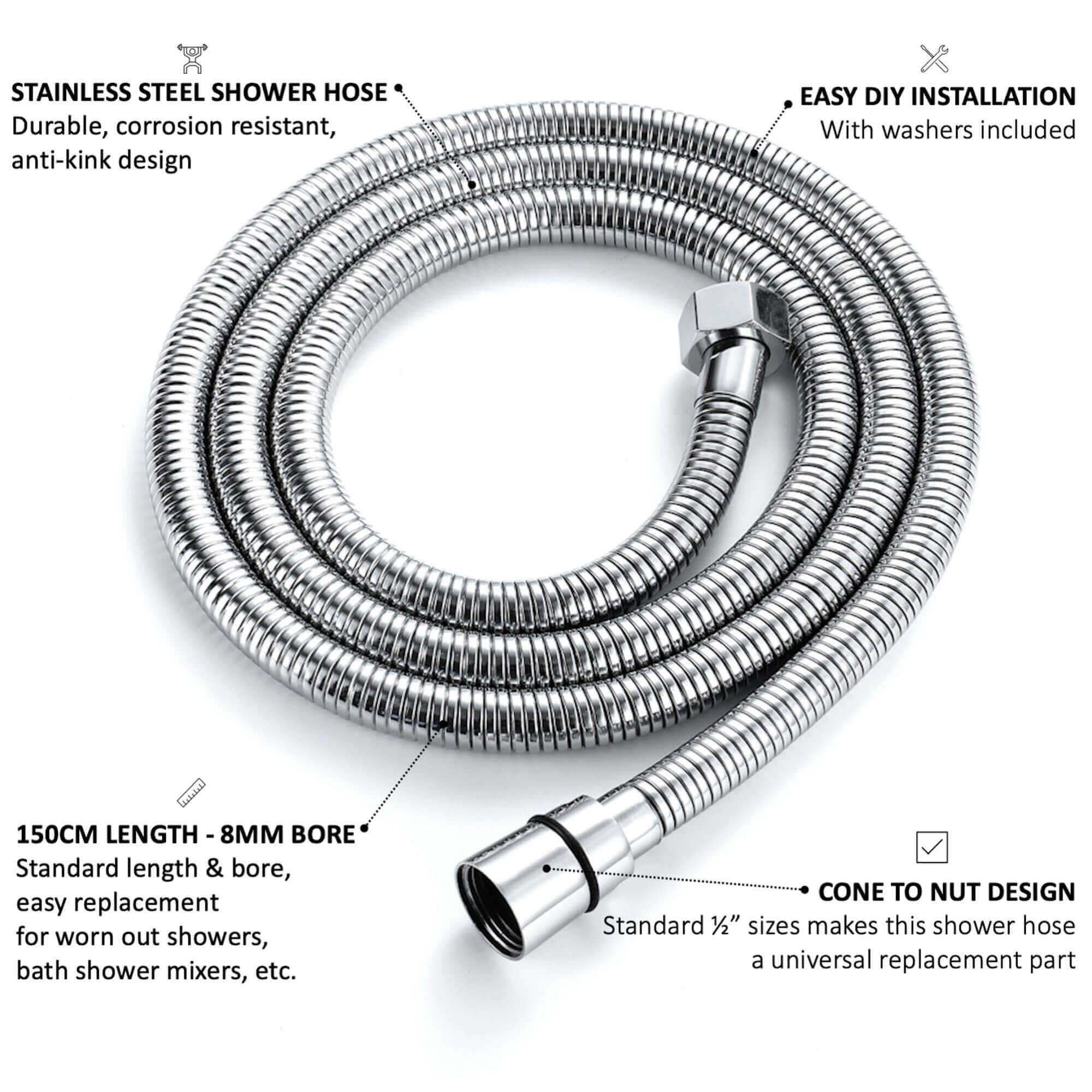 Flex shower hose stainless steel 1.5m standard bore - chrome - Image 6