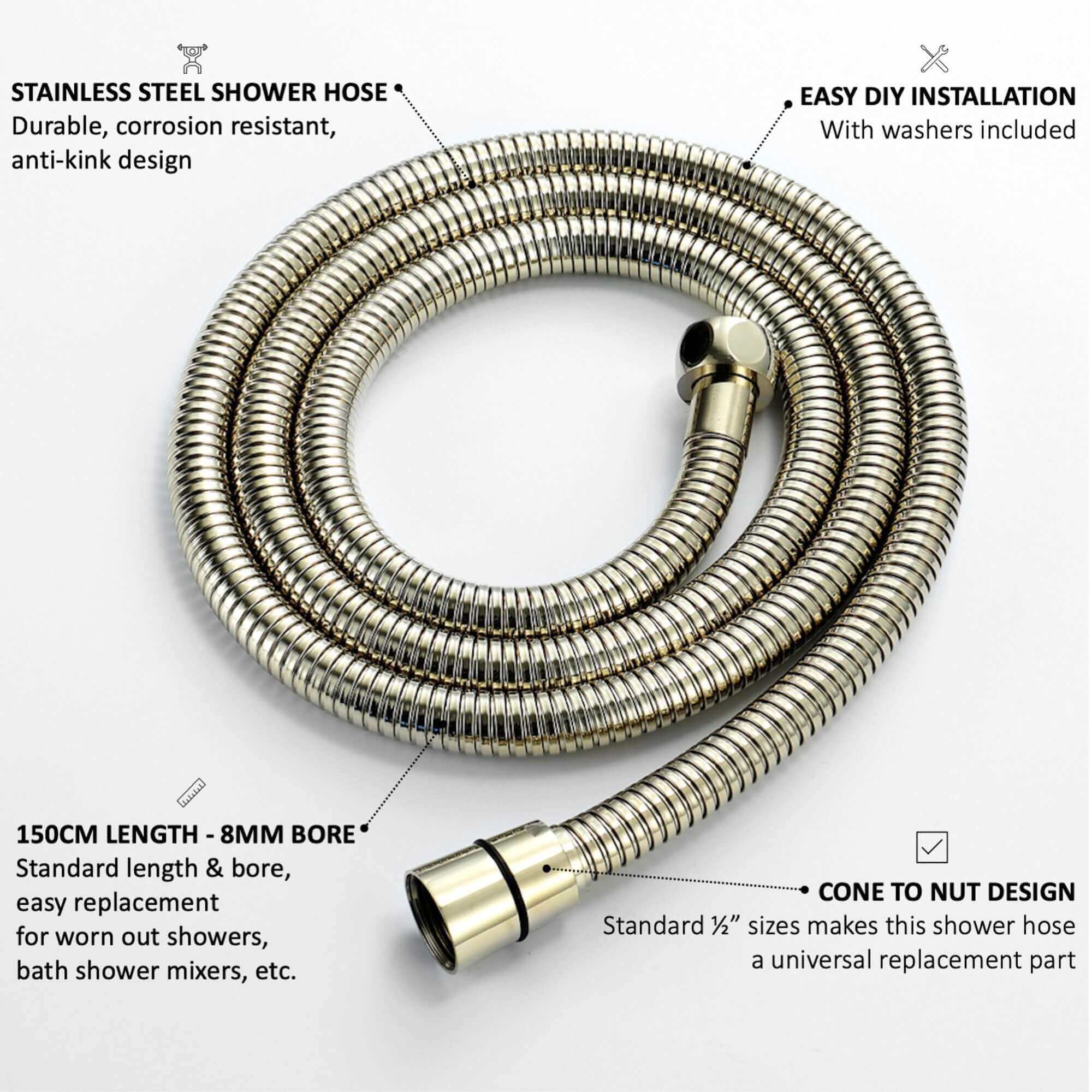 Flex shower hose stainless steel 1.5m standard bore - gold - Image 6