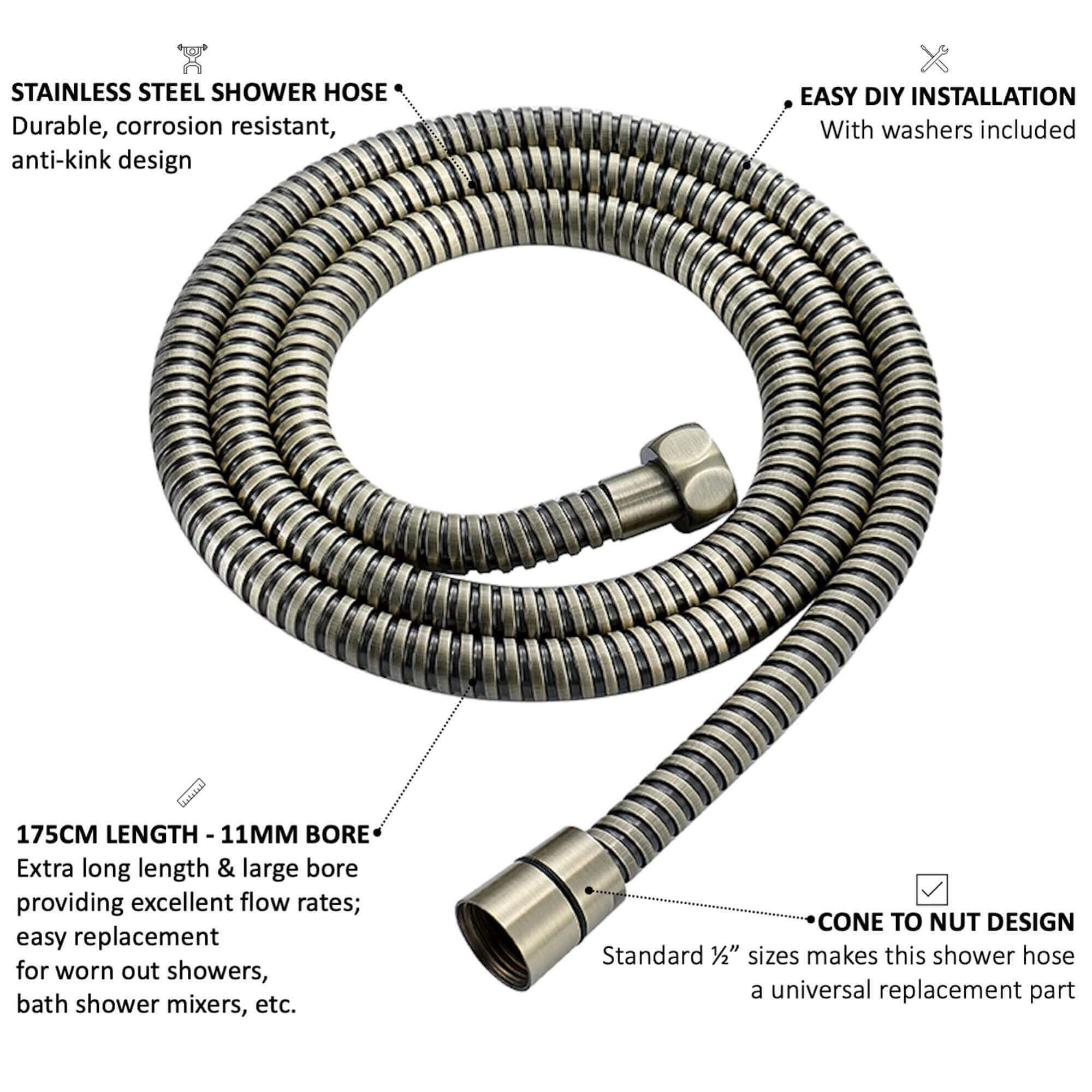 Flex shower hose stainless steel 1.75m large bore - antique brass - Image 6