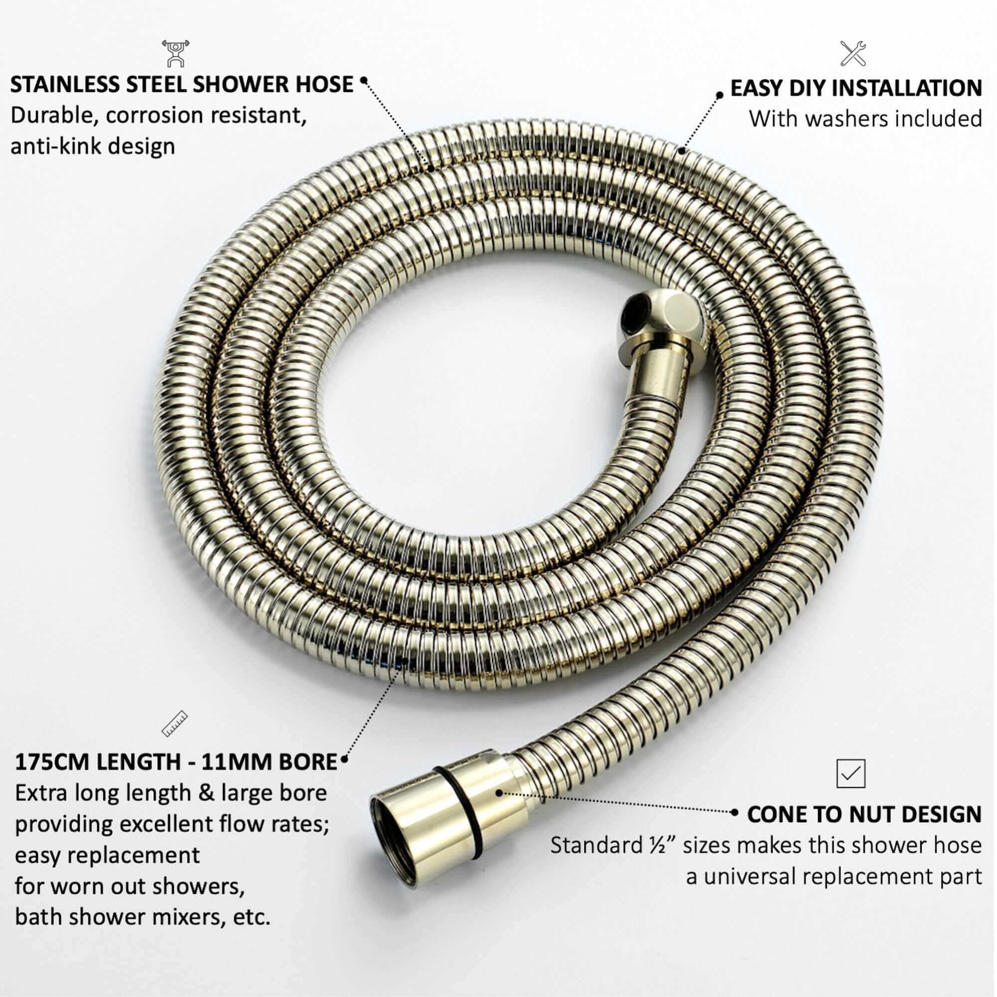 Flex shower hose stainless steel 1.75m large bore - gold - Image 6