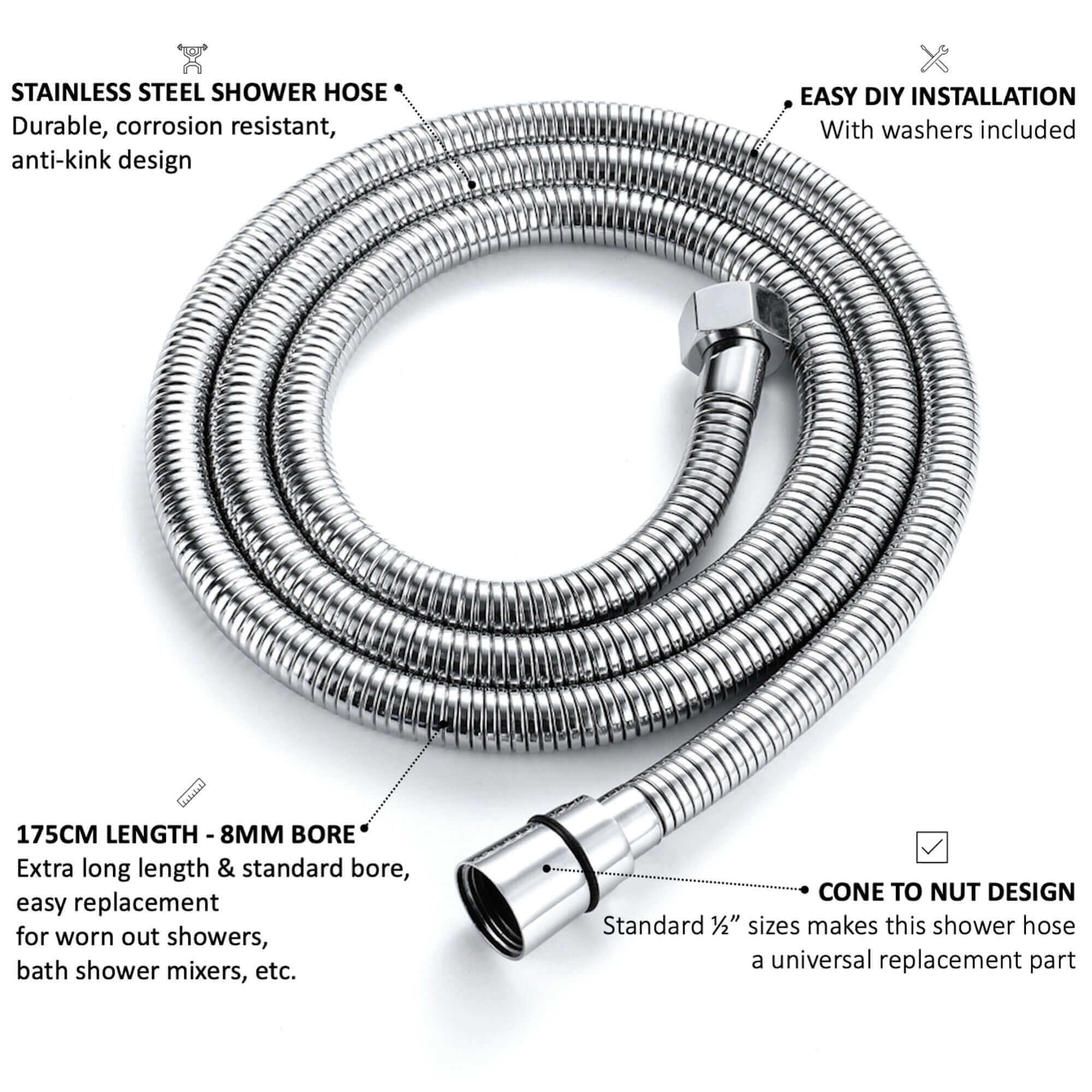 Flex shower hose stainless steel 1.75m standard bore - chrome - Image 6