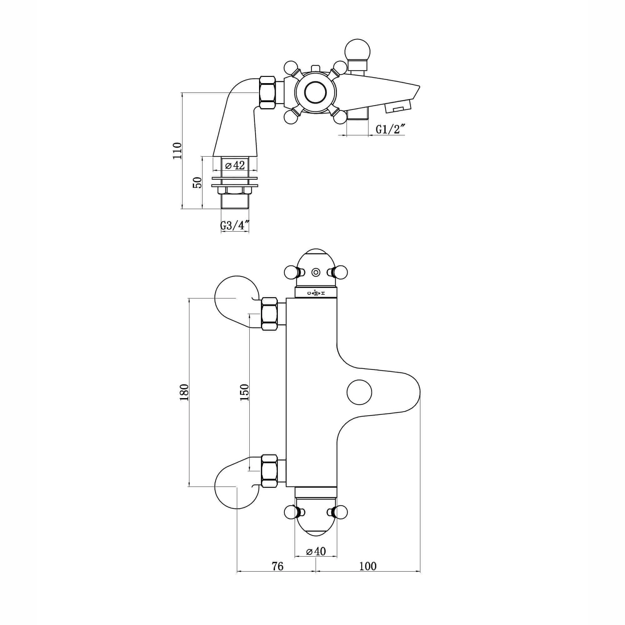 Gallant traditional thermostatic bath shower bar mixer valve deck mounted with slider rail kit - chrome - Image 5