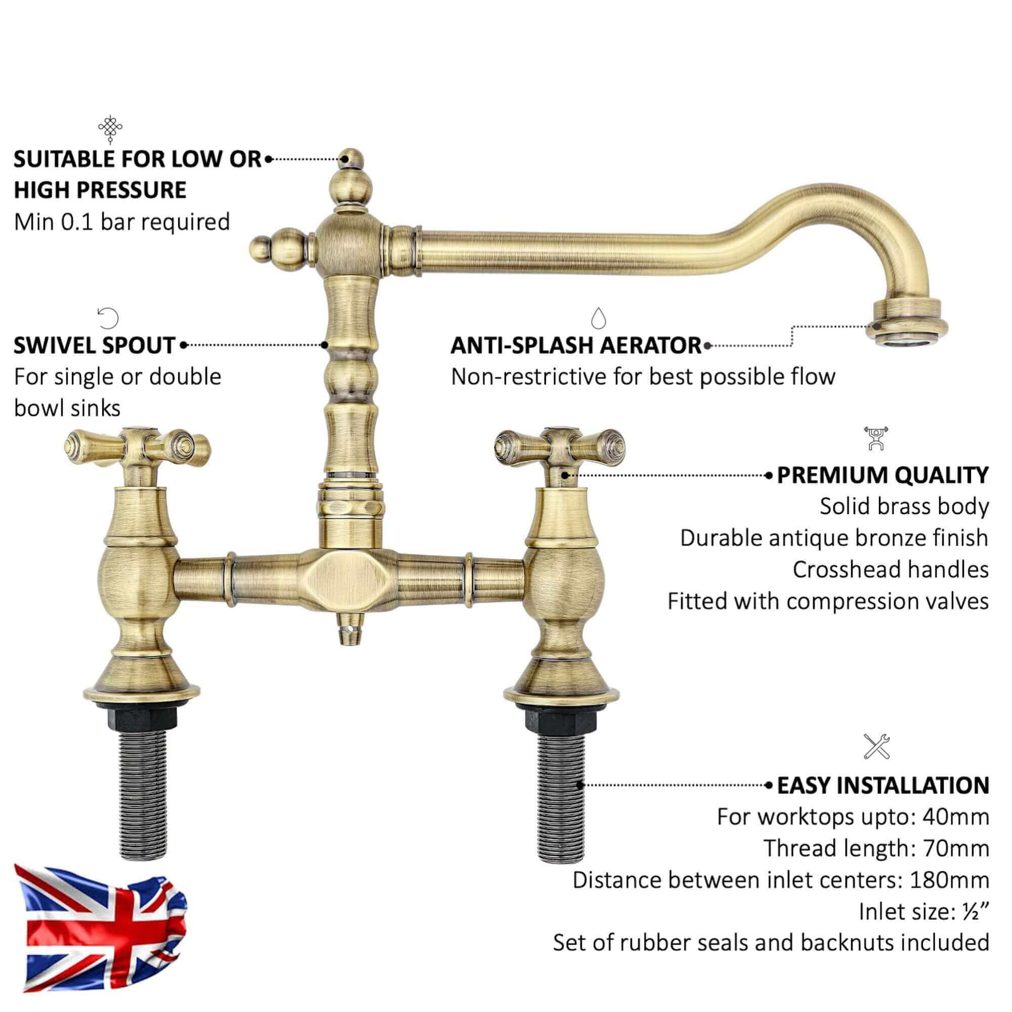 Langley traditional bridge kitchen sink mixer tap colonial crosshead - antique brass - Image 3