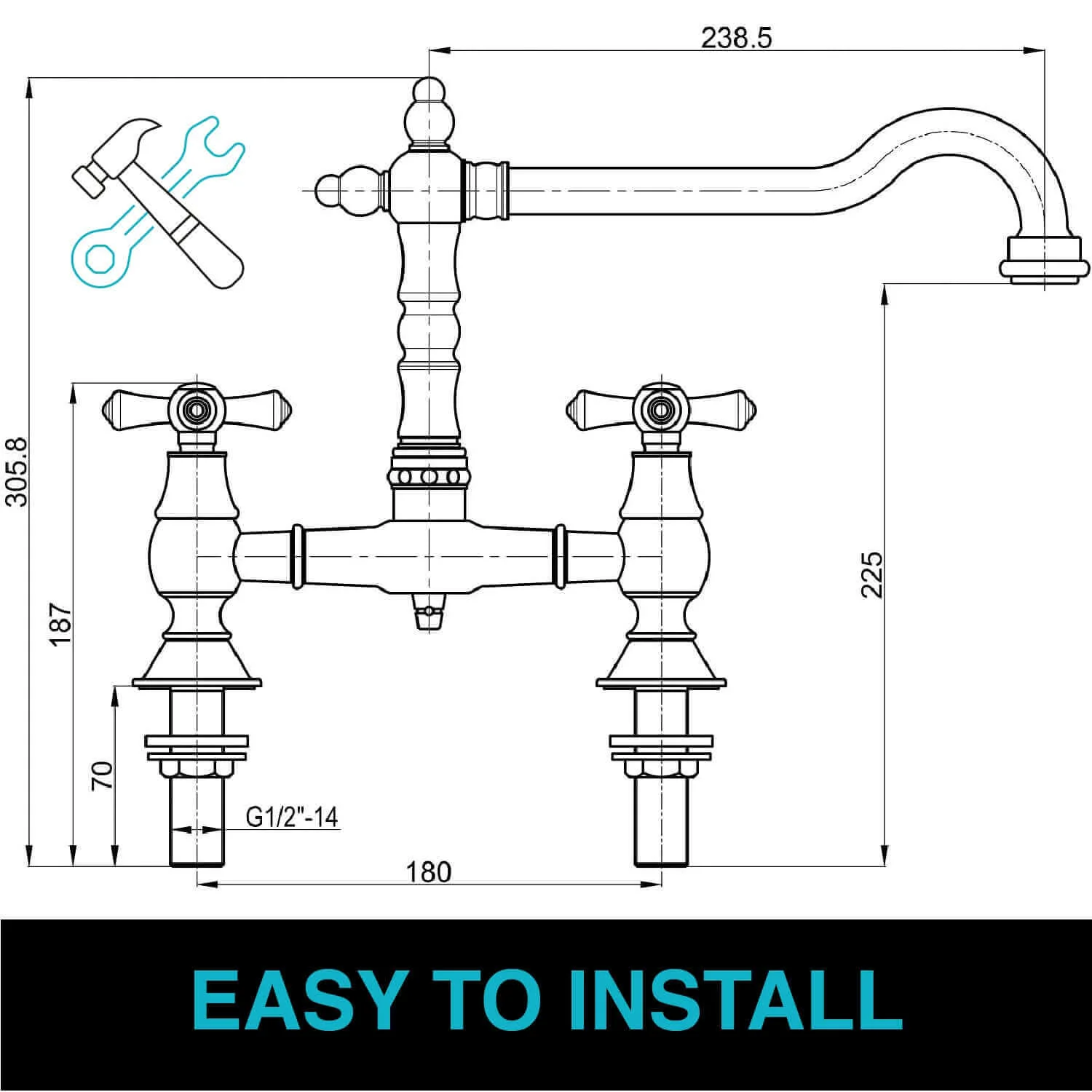 Langley traditional bridge kitchen sink mixer tap colonial crosshead - antique brass - Image 4