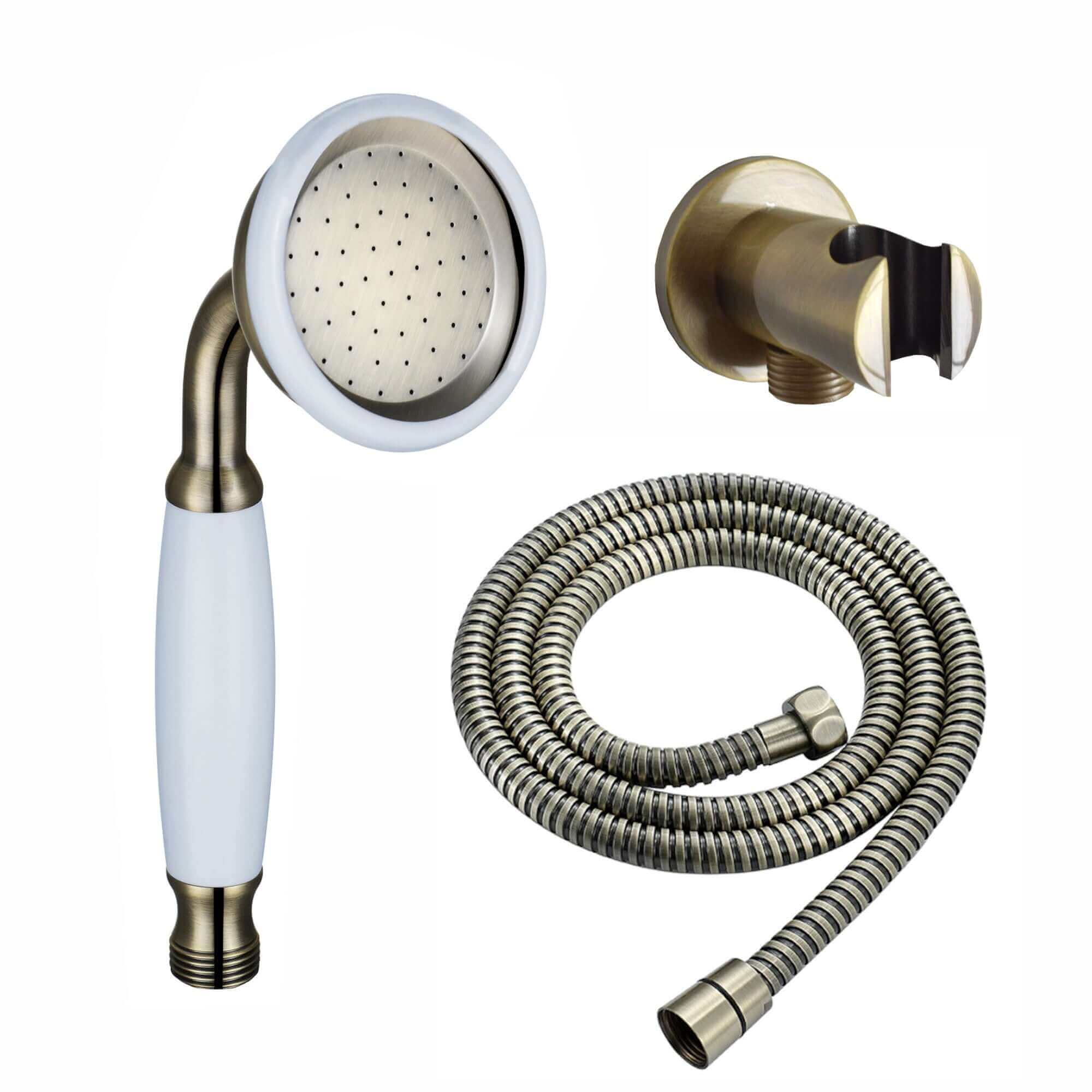 Traditional Brass & White Ceramic Hand Shower Kit Incl. Hose And Wall Bracket With Outlet - Antique Brass - Image 5