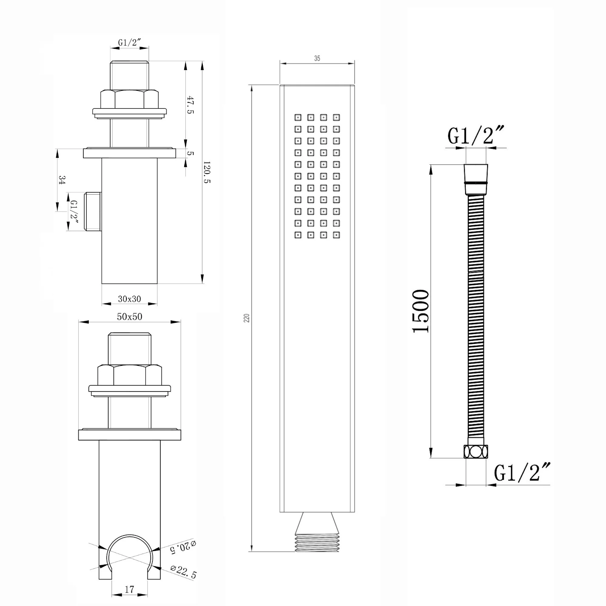 Luxury brass rectangular hand shower kit incl. hose and wall bracket with outlet for concealed installation - black - Image 3