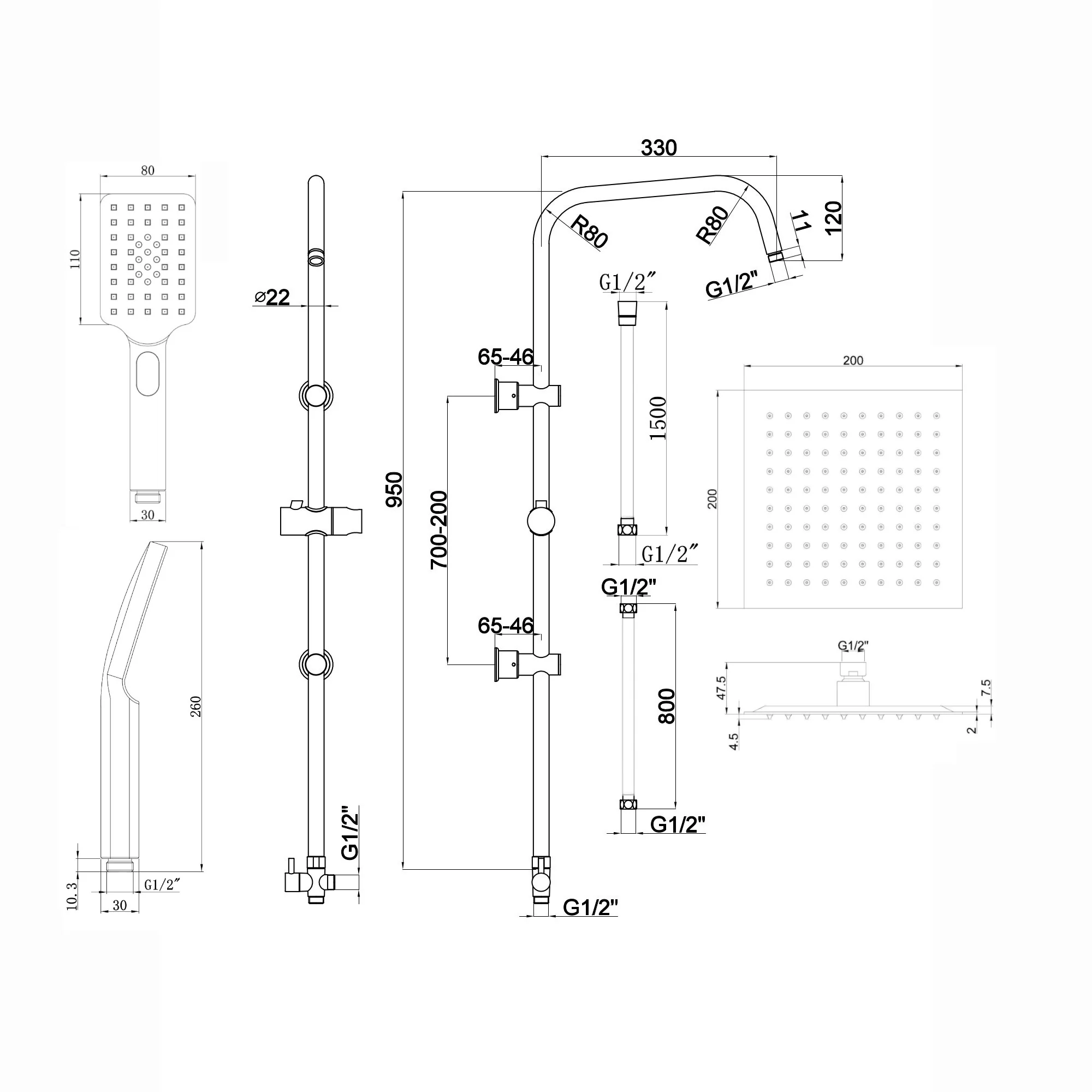 Milly bath shower mixer tap with dual rigid riser - matt black - Image 5