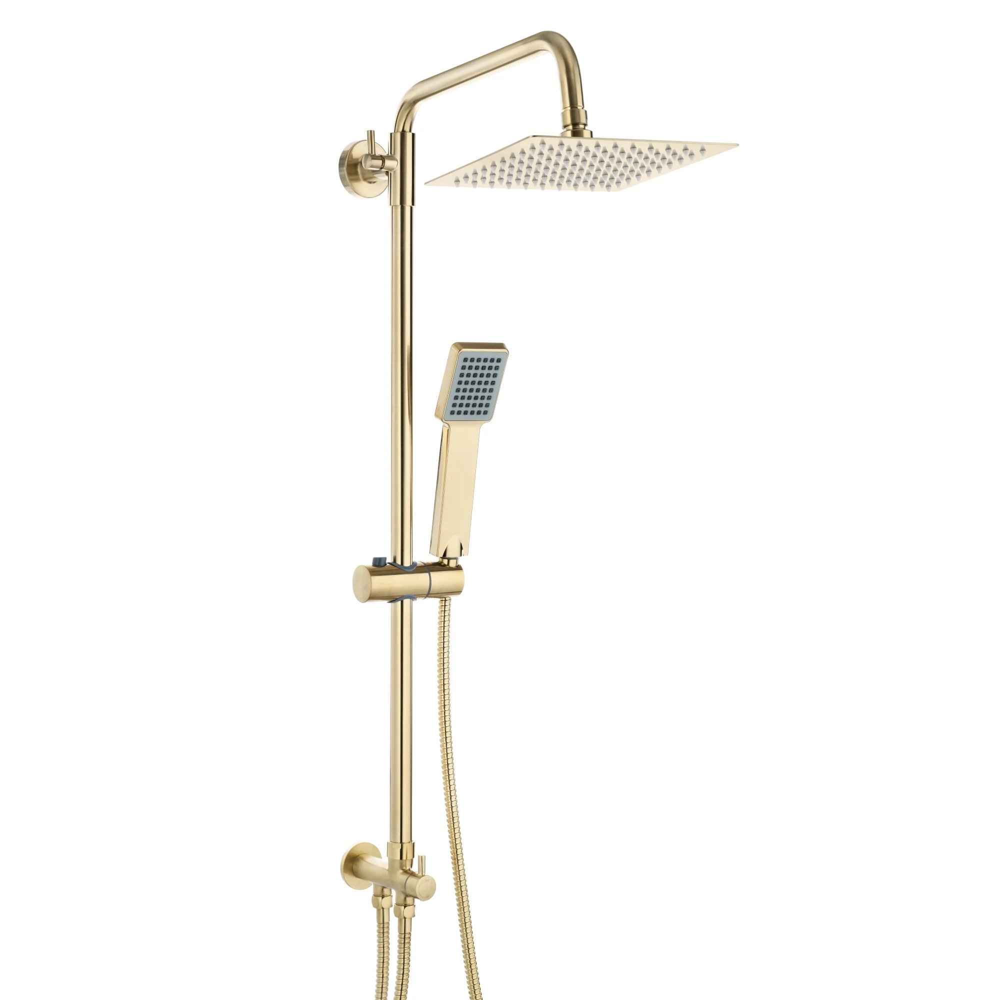 Mykonos contemporary bath shower mixer tap with dual rigid riser - brushed brass - Image 2