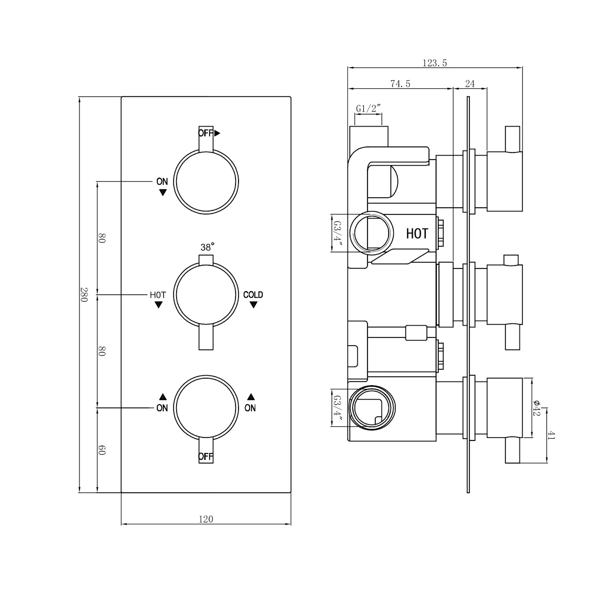 Naples Contemporary Round Concealed Thermostatic Shower Set Incl. Triple Diverter Valve, Wall Fixed 8" Shower Head, Slider Rail Kit, Bath Filler Waste with Overflow - Chrome (3 Outlet) - Image 7