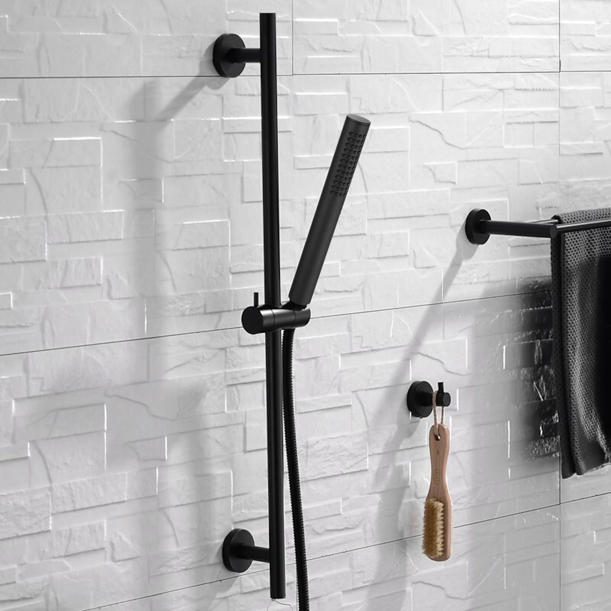 Naples Contemporary Round Concealed Thermostatic Shower Set Incl. Triple Diverter Valve, Wall Fixed 8" Shower Head, Slider Rail Kit, Bath Filler Waste with Overflow - Matt Black (3 Outlet) - Image 4