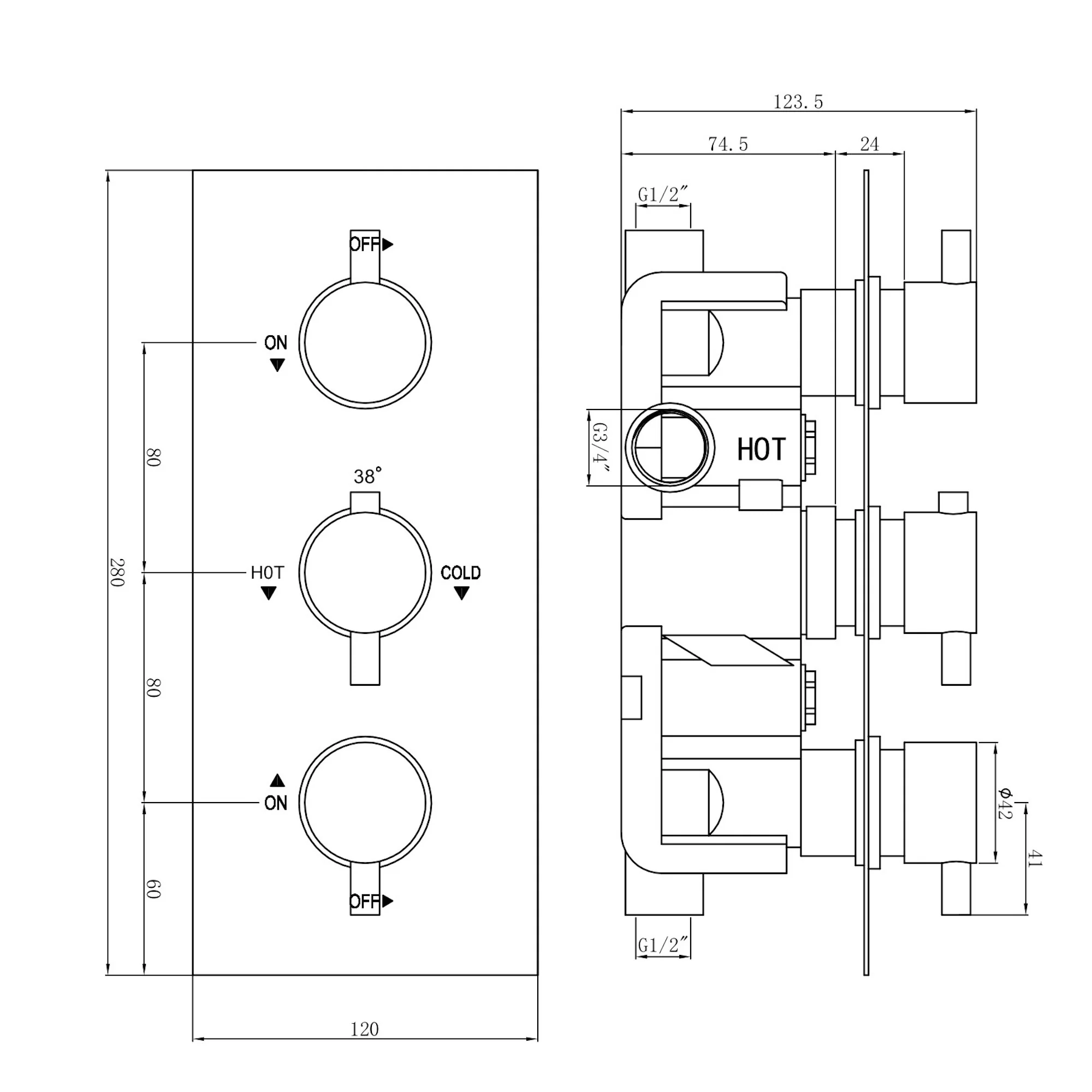 Naples Contemporary Round Concealed Thermostatic Shower Set Incl. Triple Valve, Wall Fixed 8" Shower Head, 4 Spa Body Jets - Black (2 Outlet) - Image 7