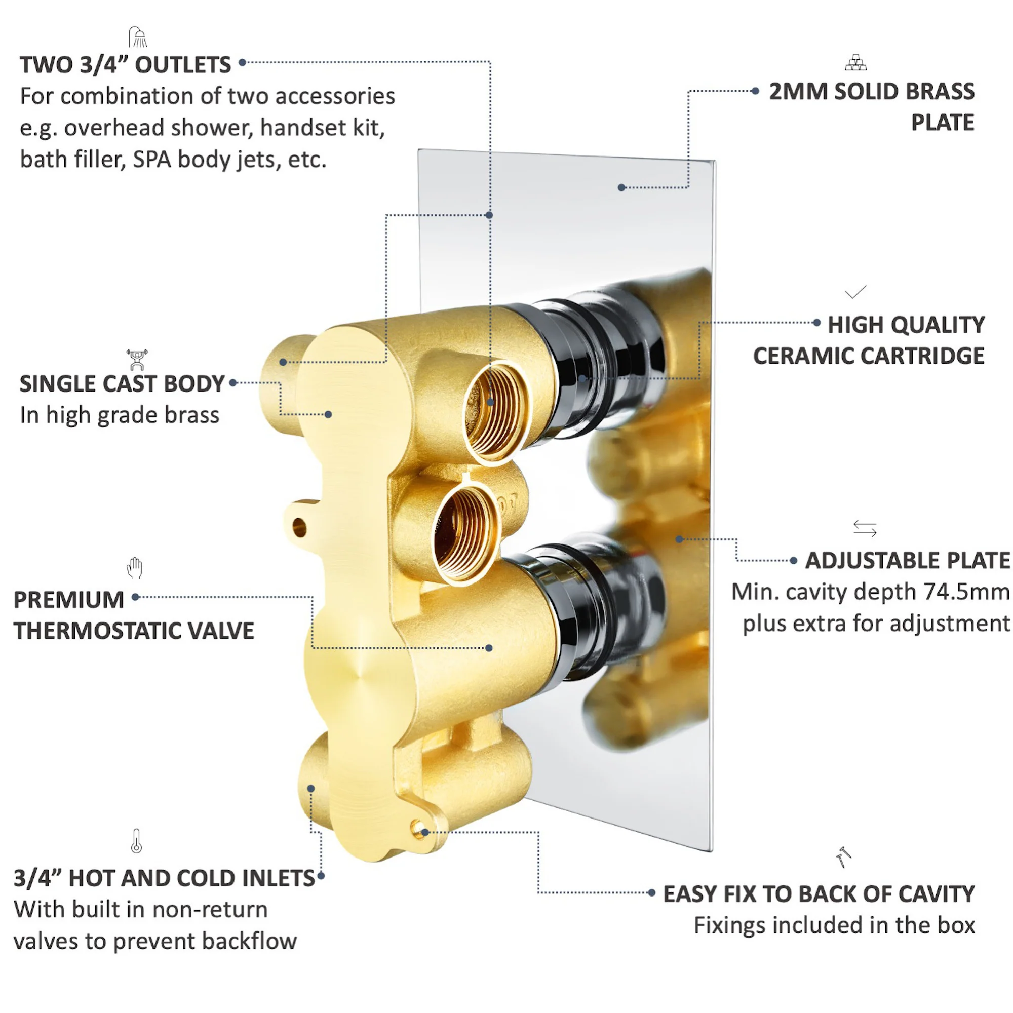 Naples Contemporary Round Concealed Thermostatic Shower Set Incl. Twin Valve, Ceiling Fixed 8" Shower Head, Slider Rail Kit - Chrome (2 Outlet) - Image 6