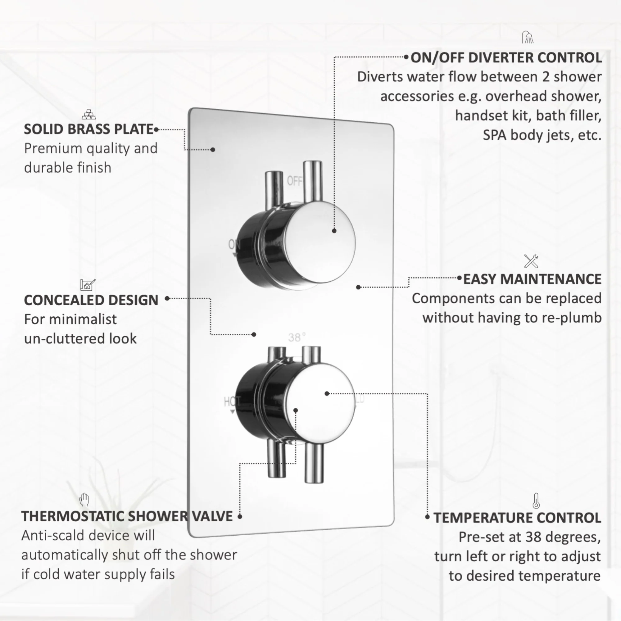 Naples Contemporary Round Concealed Thermostatic Shower Set Incl. Twin Valve, Wall Fixed 8" Shower Head, Slider Rail Kit - Chrome (2 Outlet) - Image 5