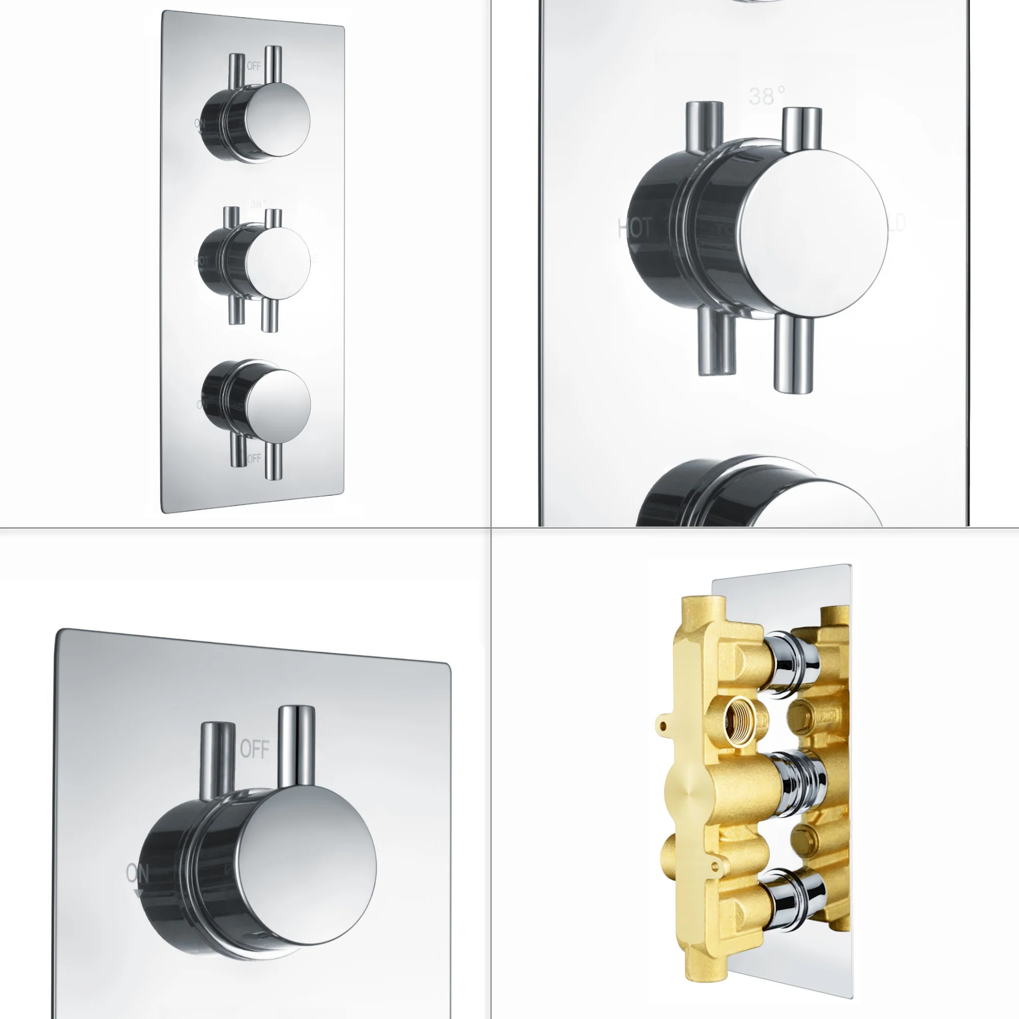 Naples contemporary round concealed thermostatic triple shower valve with 2 outlets - chrome - Image 5