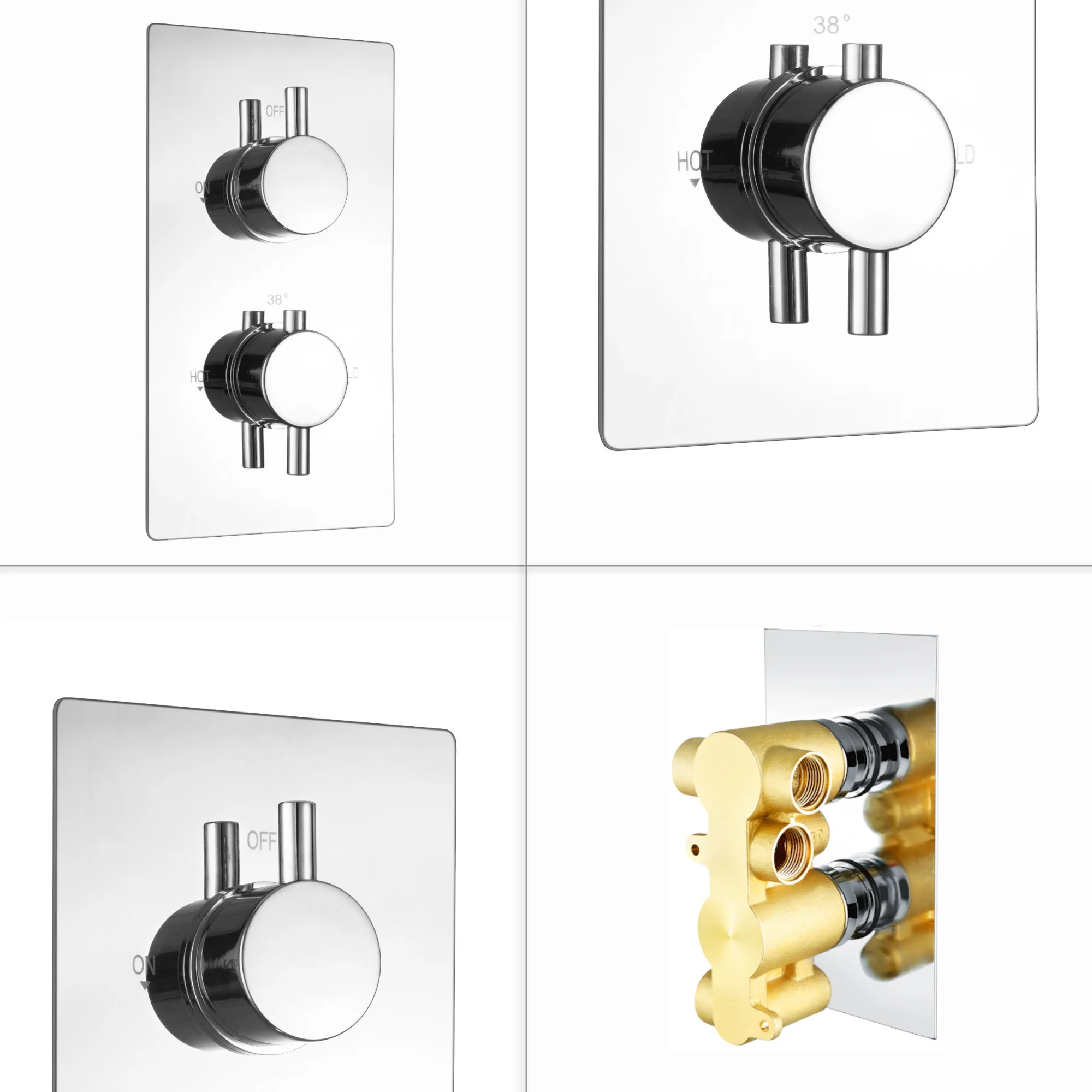 Naples Square Concealed Thermostatic Shower Set Incl. Twin Valve, Wall Fixed 8" Shower Head, Handset Kit - Chrome (2 Outlet) - Image 5