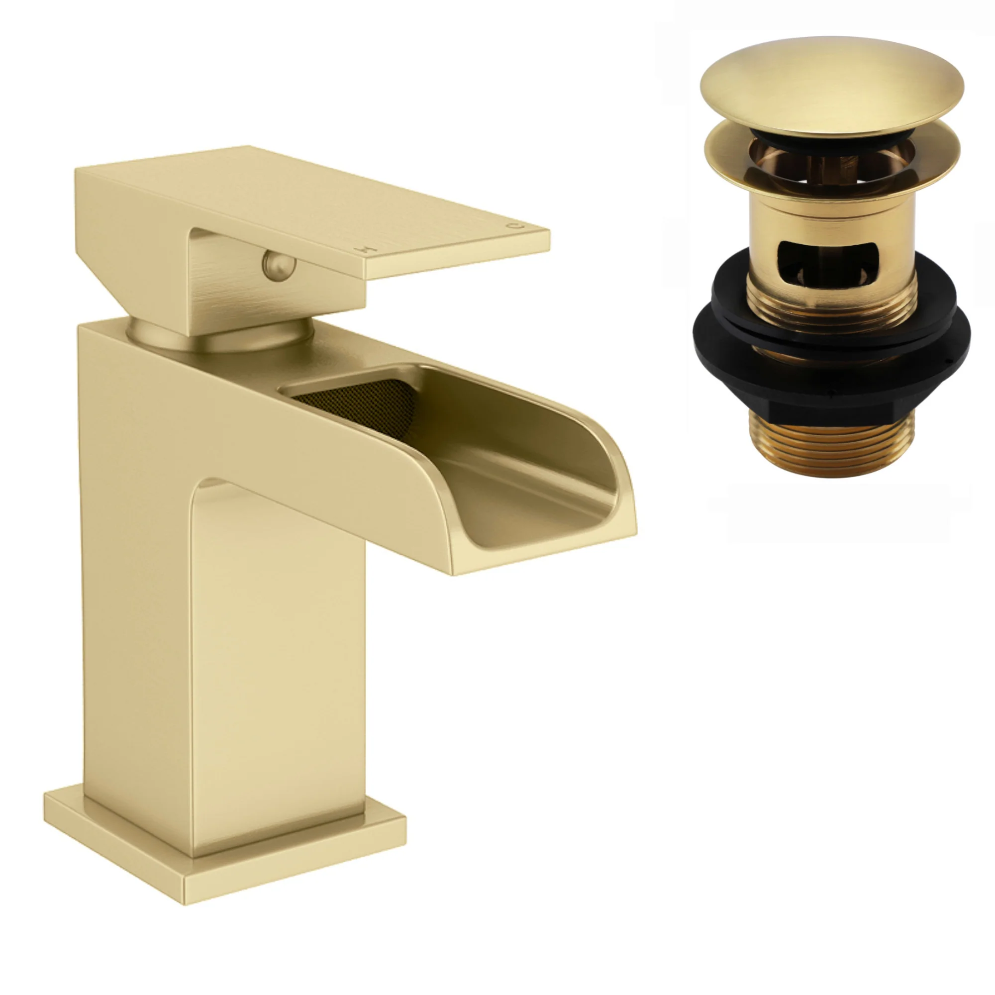 Plaza bundle incl. bath shower mixer tap with dual riser rail, basin mixer, bath and basin wastes - brushed brass - Image 4