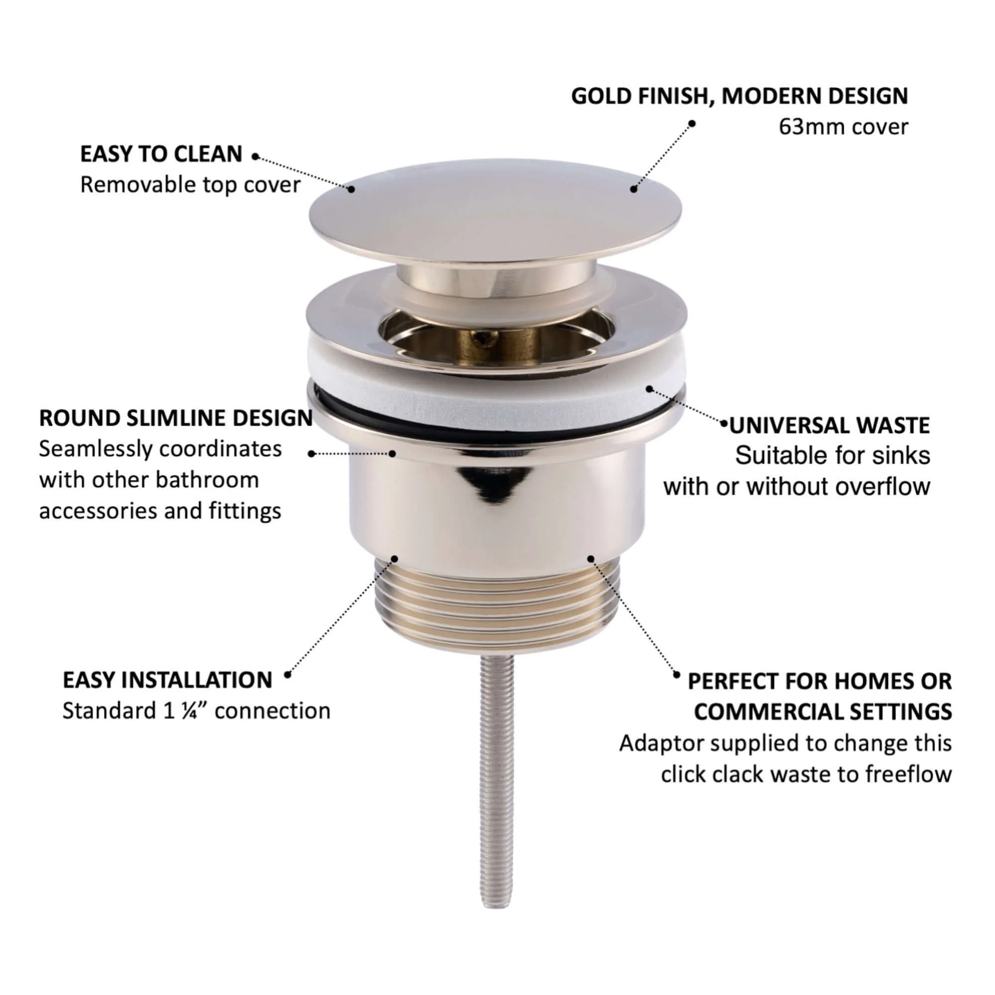 Universal click clack or freeflow basin waste for sinks with or without overflow - gold - Image 3