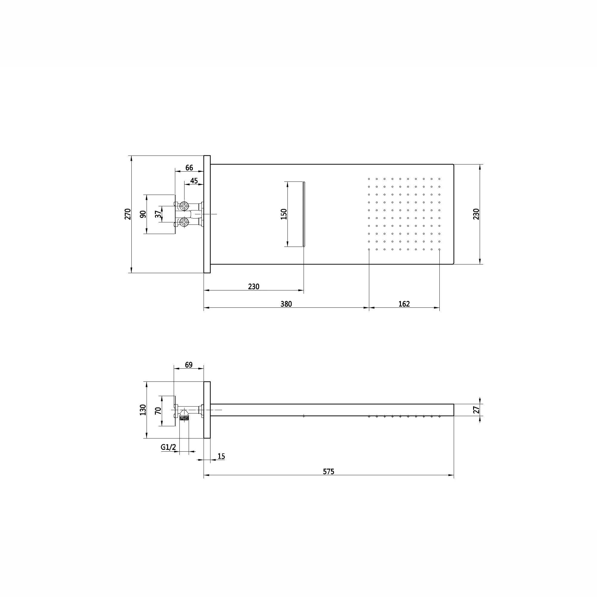 Rectangular dual fixed shower head (waterfall + rainfall)  575 x 230mm - brushed brass - Image 2