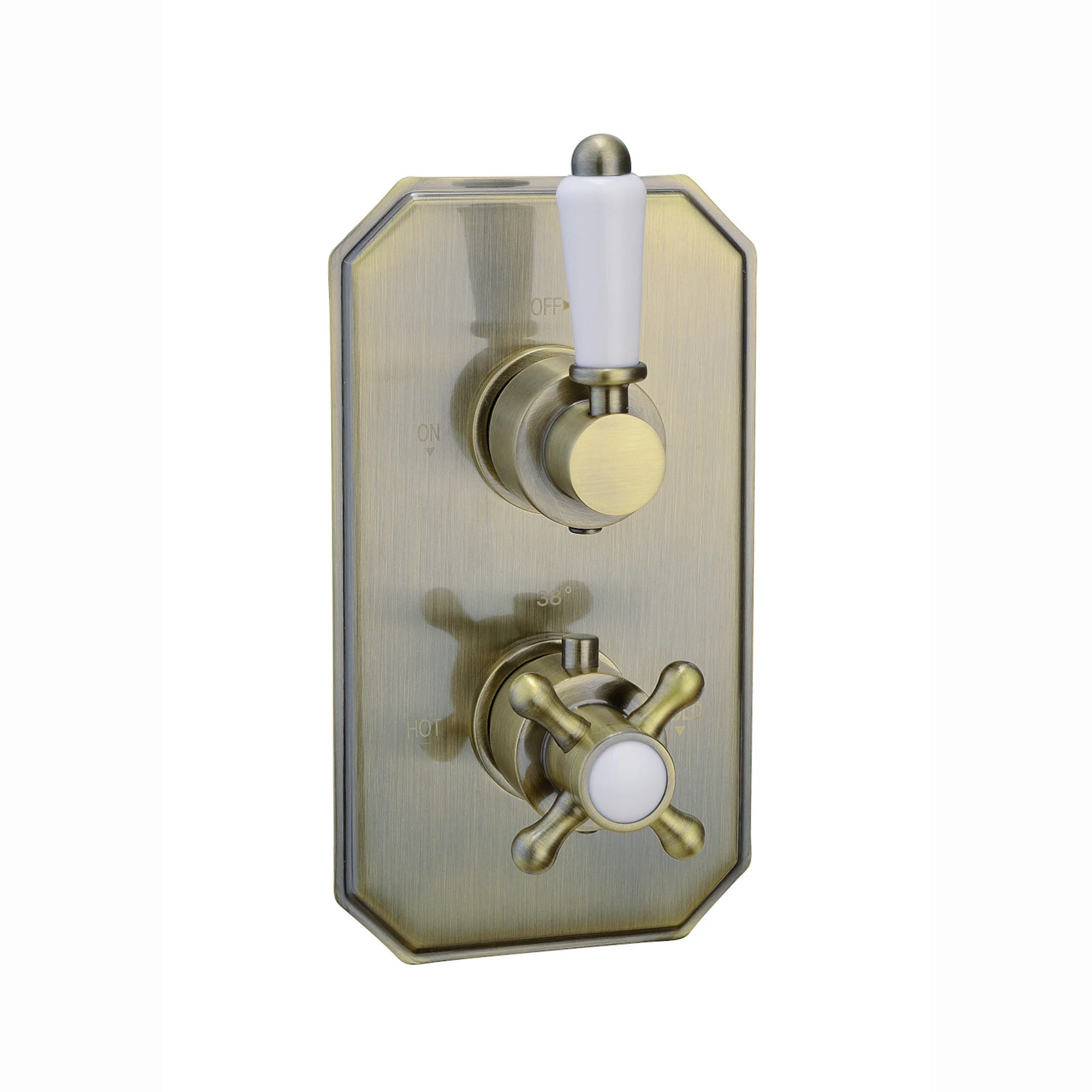 Regent thermostatic concealed shower mixer valve with dual rigid riser kit, 200mm round overhead rain shower and handheld - antique brass - Image 2
