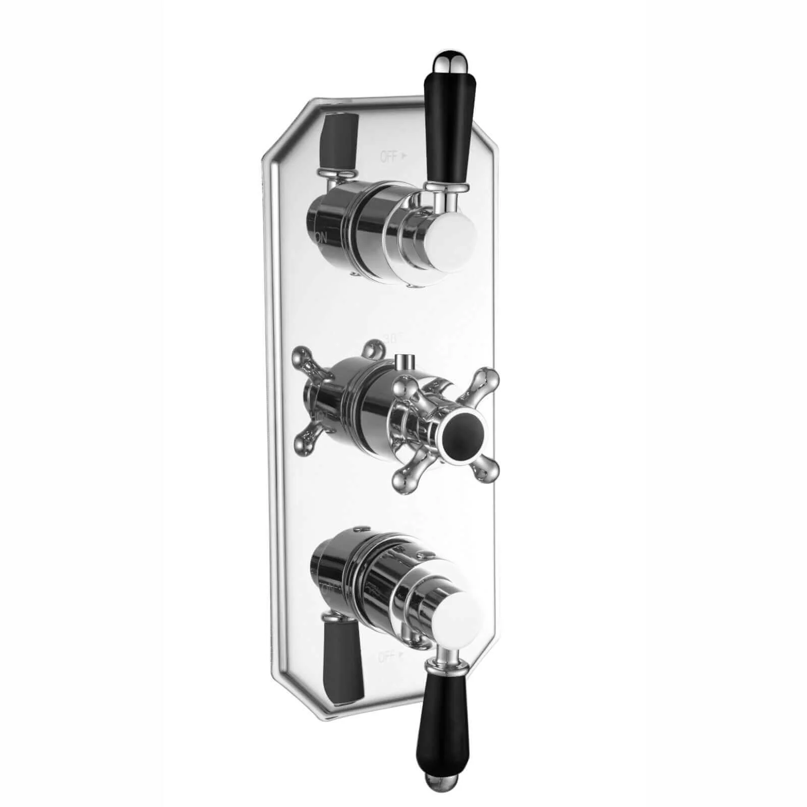 Regent traditional crosshead and black lever concealed thermostatic triple shower valve with 2 outlets - chrome - Image 2
