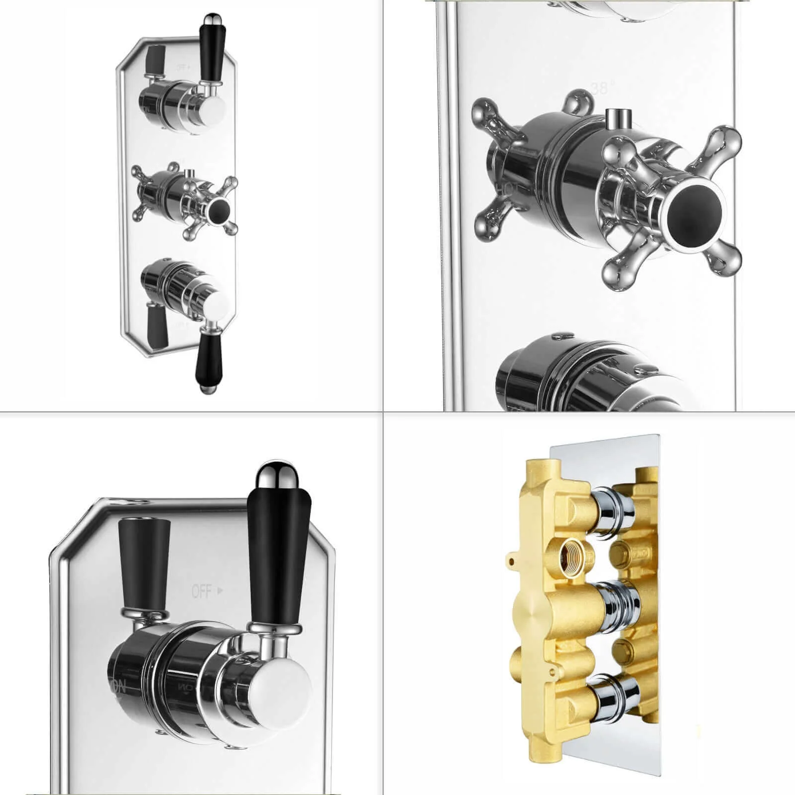 Regent traditional crosshead and black lever concealed thermostatic triple shower valve with 2 outlets - chrome - Image 5
