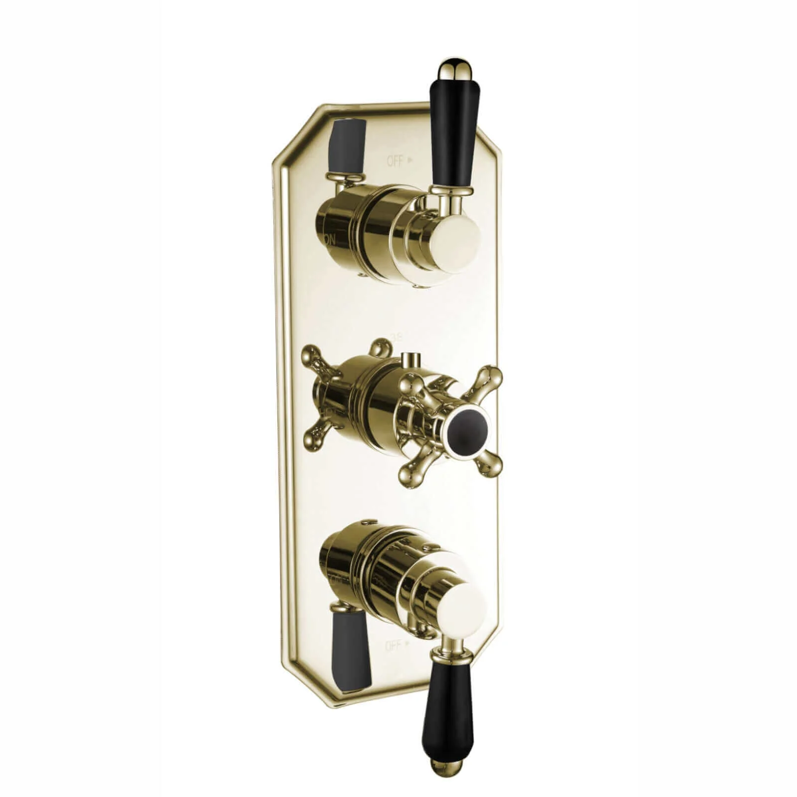 Regent traditional crosshead and black lever concealed thermostatic triple shower valve with 2 outlets - gold - Image 2